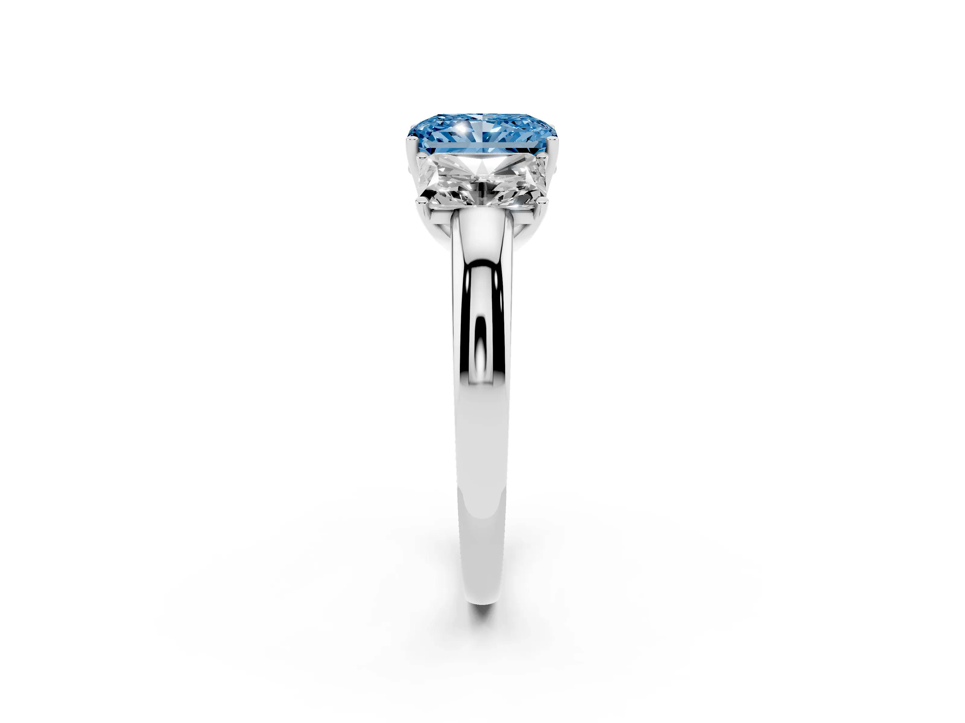 Fancy Blue Radiant Cut Diamond Three-Stone Ring Set in Platinum with Bold Center and Classic Band
