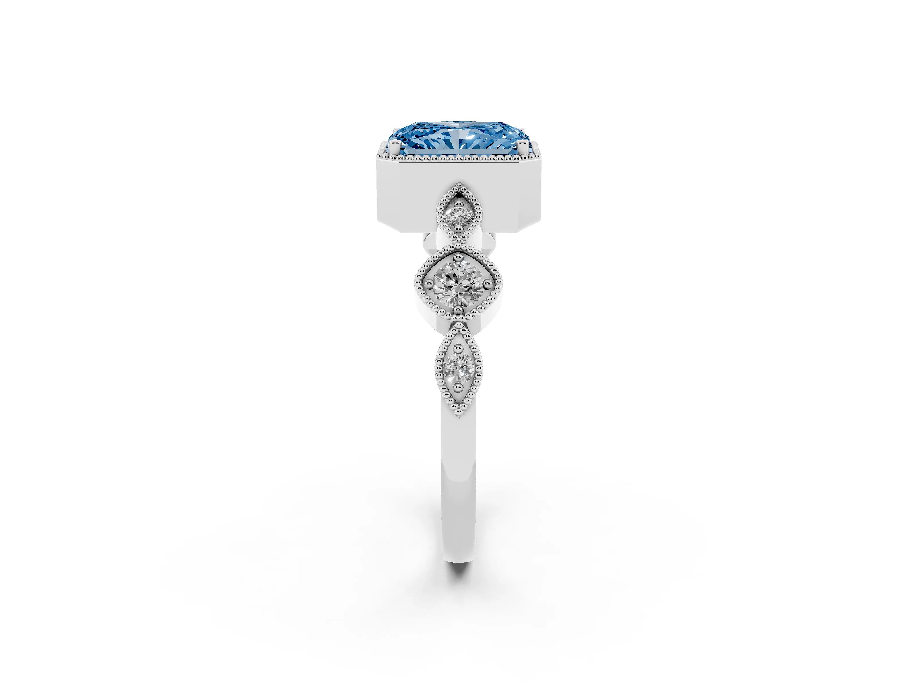 Fancy Blue Radiant Cut Diamond Vintage-Inspired Milgrain Ring Set in Platinum with Marquise Stations of Round Accents