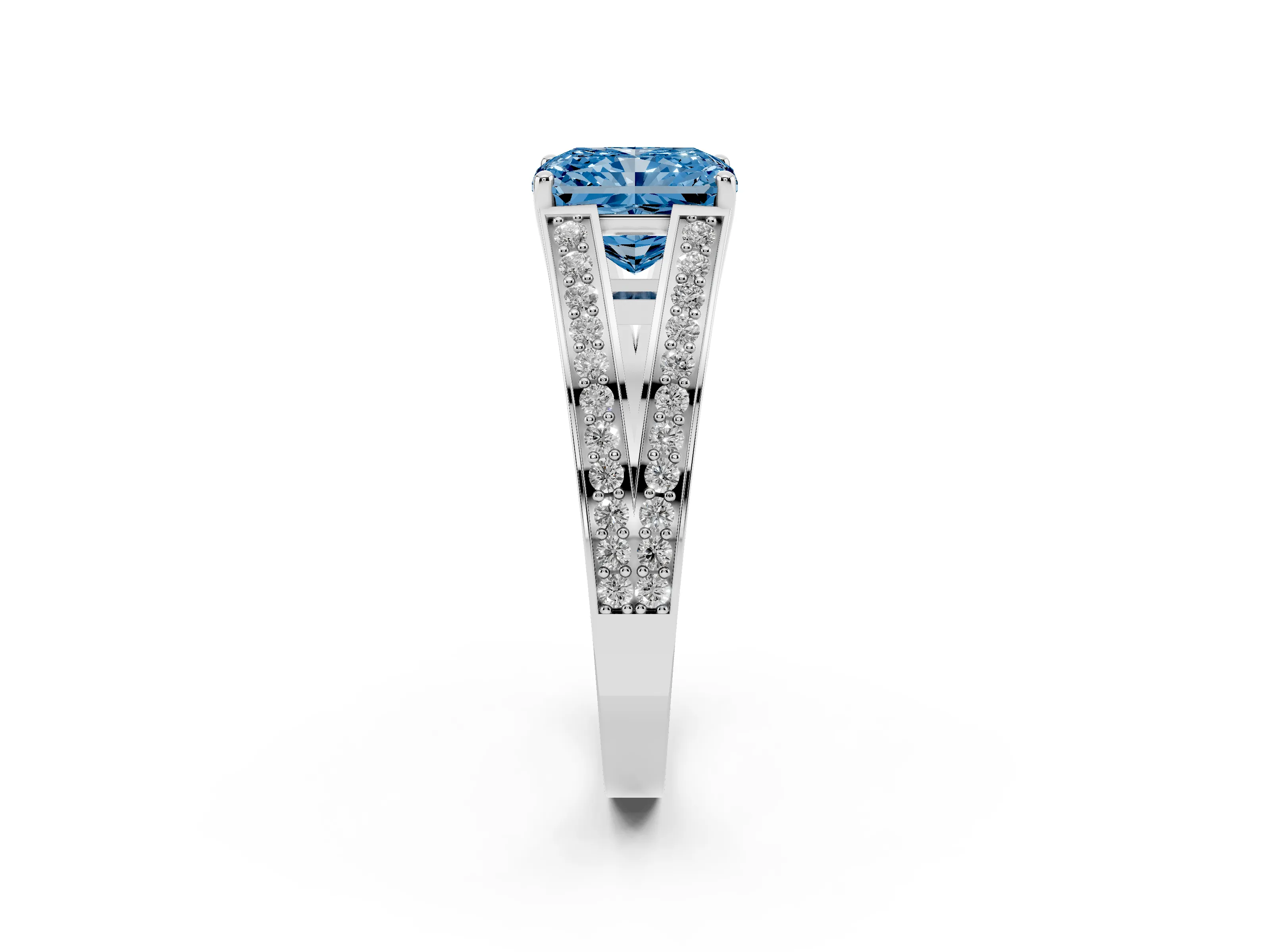 Fancy Blue Radiant Cut Diamond Split Shank Ring Set in Silver with Pavé Band and Prong Setting
