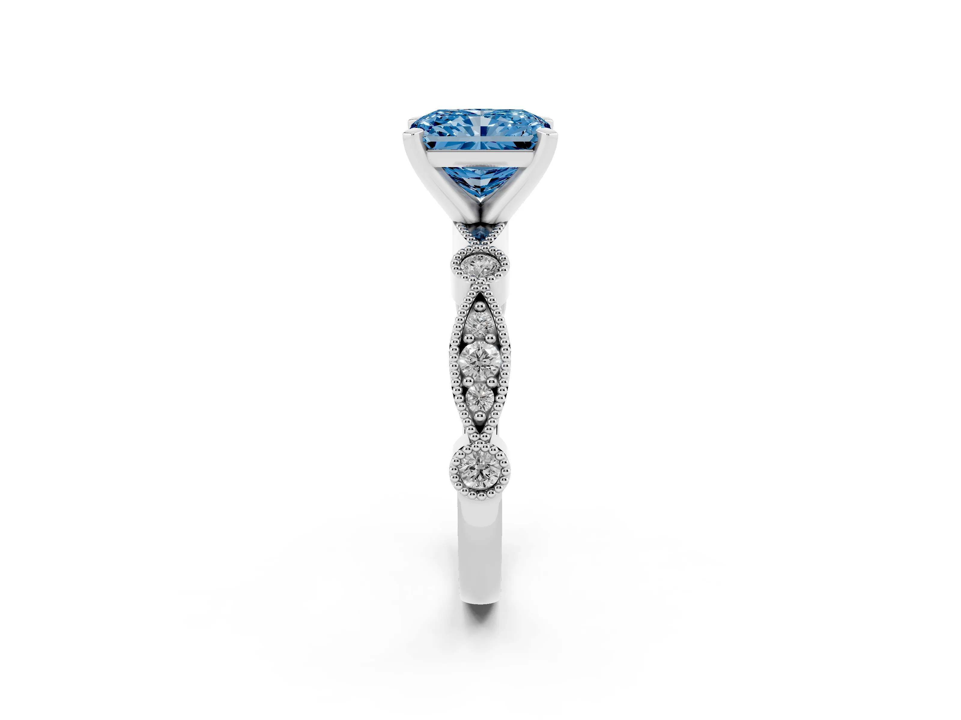 Fancy Blue Radiant Cut Diamond Solitaire Engagement Ring Set in Silver with Milgrain Bezel Accent Band