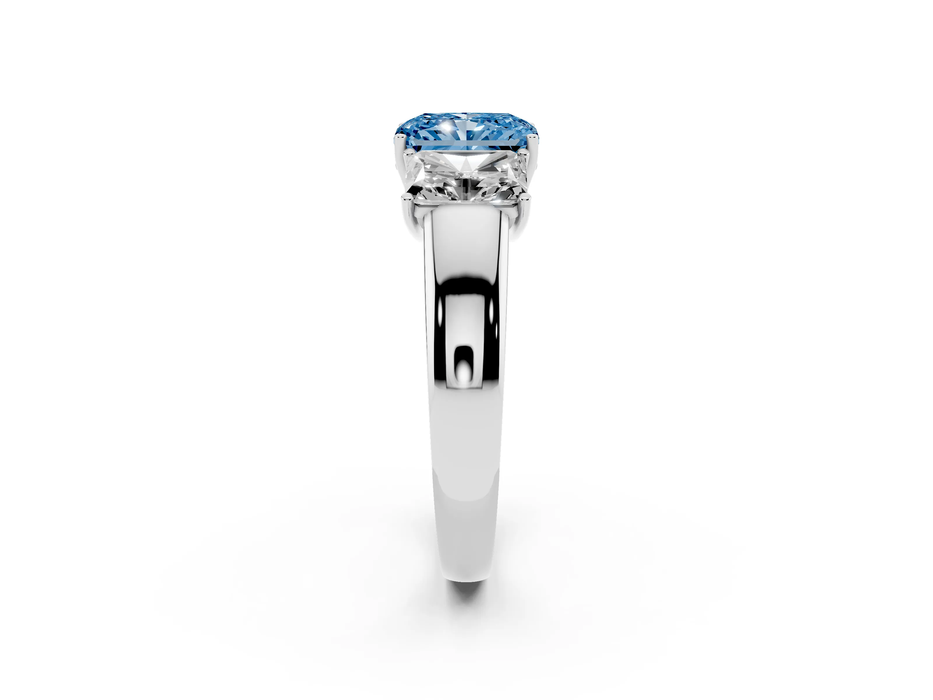 Fancy Blue Three-Stone Radiant Cut Diamond Ring Set in Silver with Matching Prong Settings and Plain Band