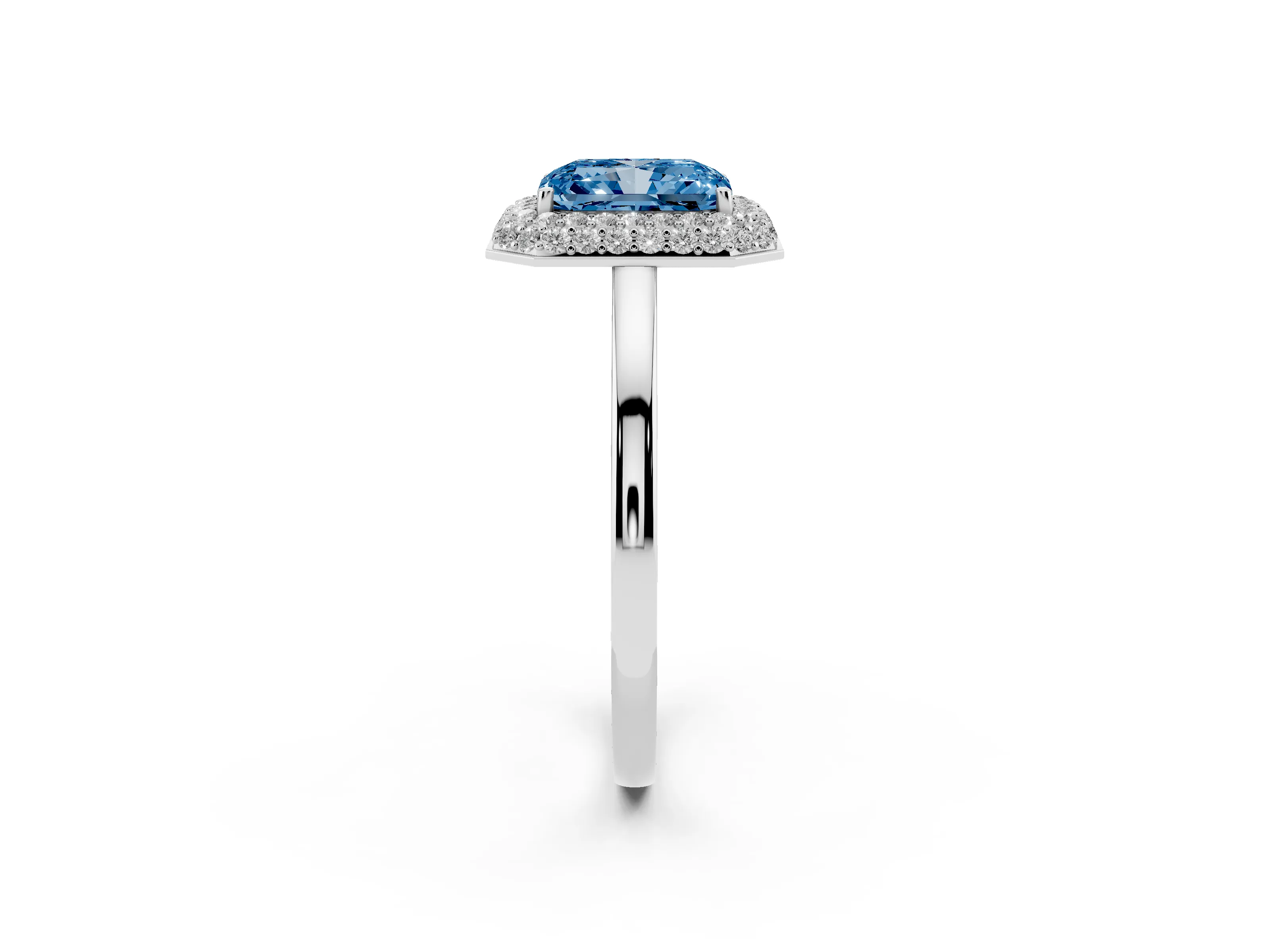 Fancy Blue Radiant Cut Diamond Halo Engagement Ring Set in Platinum with Solitaire Band and Prong Setting