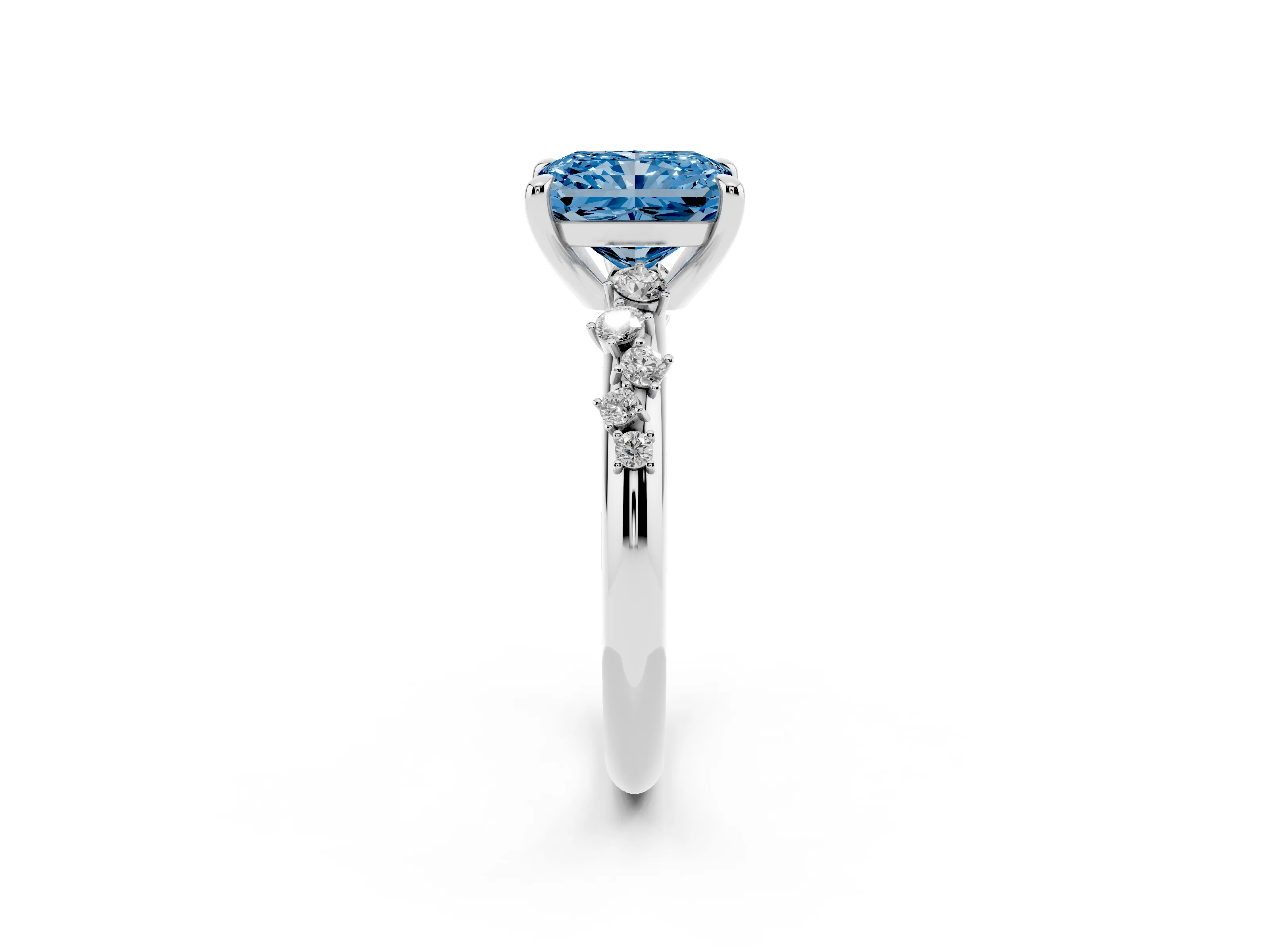 Fancy Blue Radiant Cut Diamond Solitaire Vine Band Ring Set in Silver with Round Accents and Prong Setting
