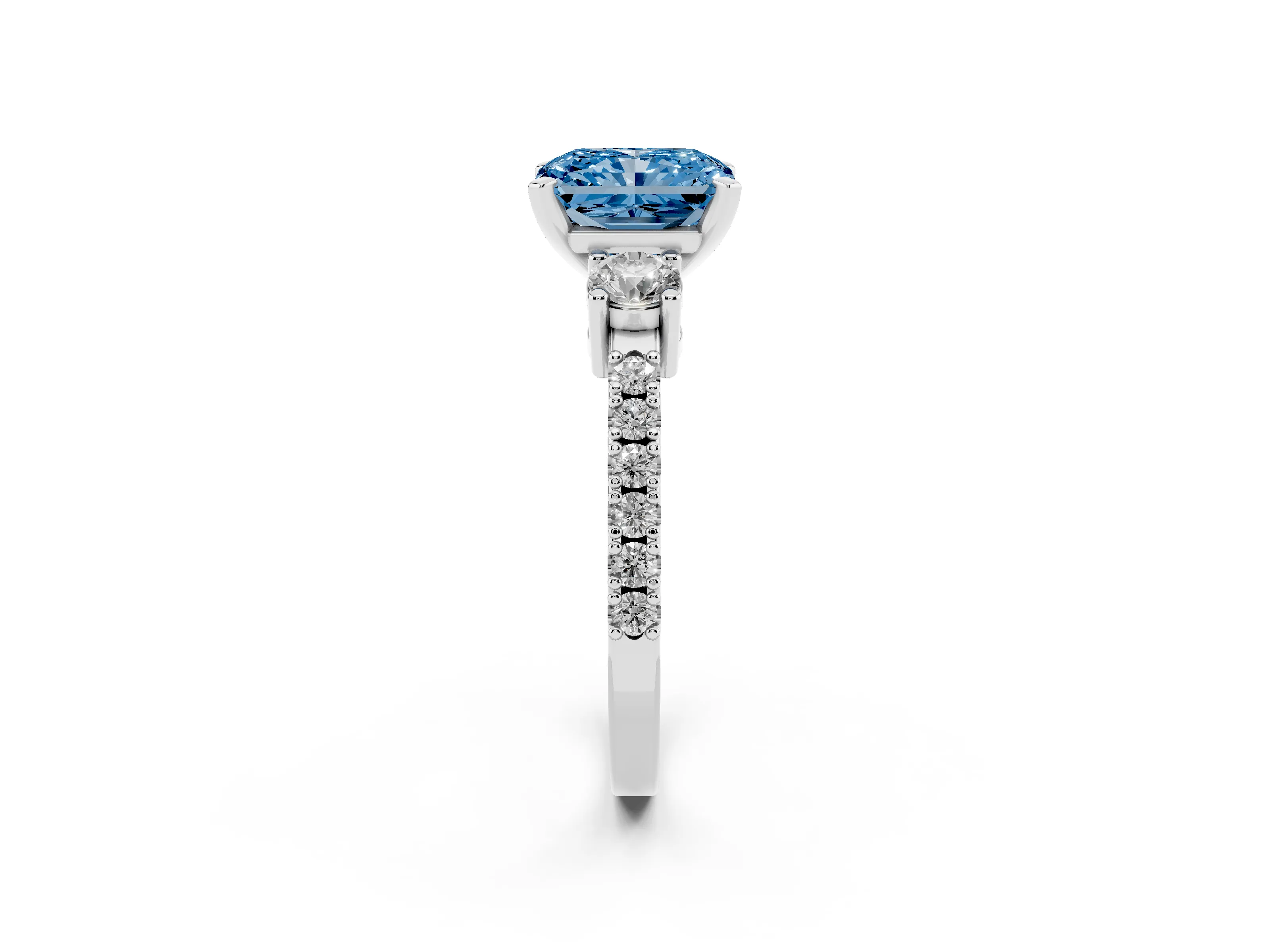 Fancy Blue Three-Stone Radiant Cut Diamond Pavé Band Ring Set in Silver with Prong Setting