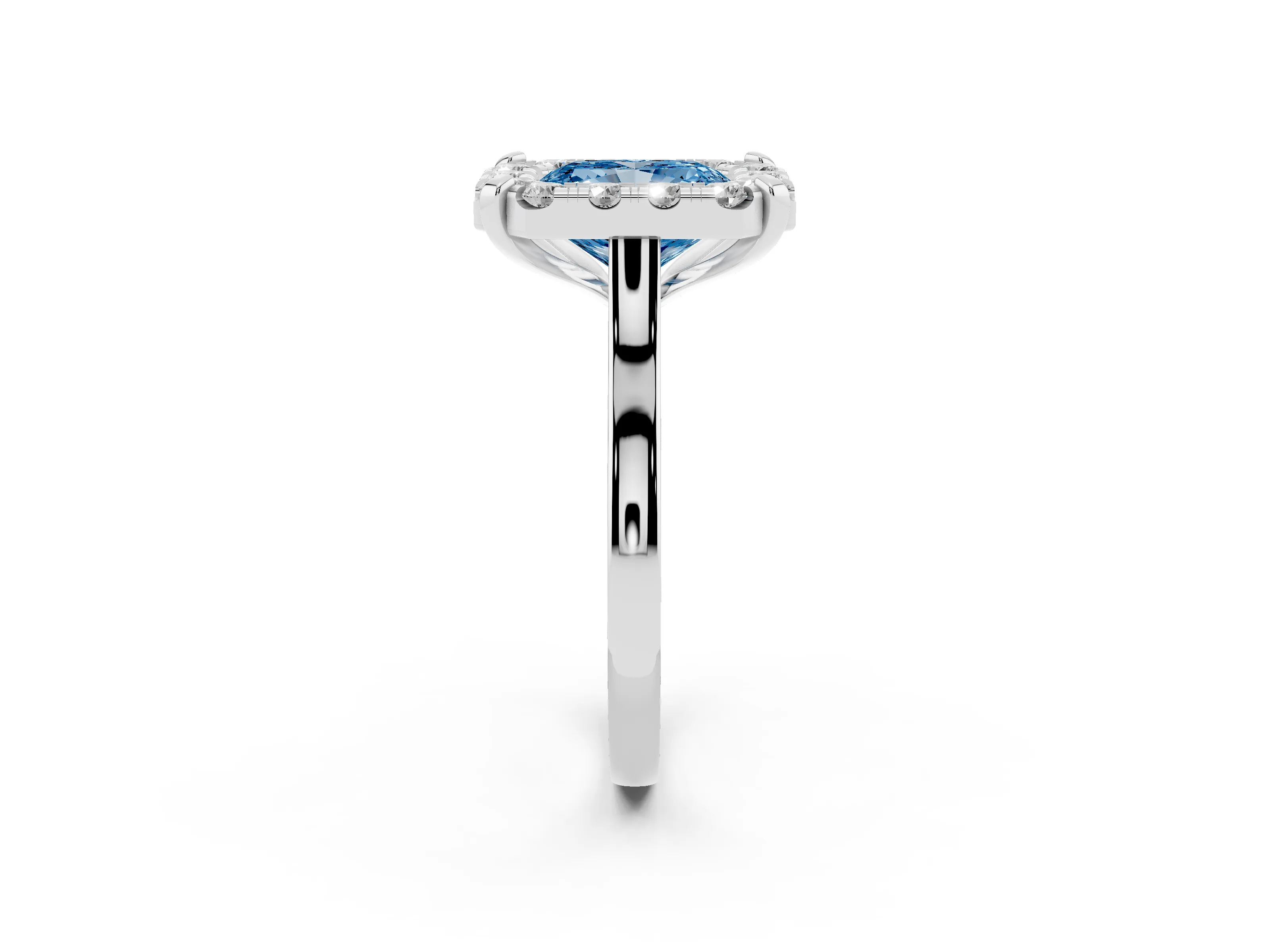 Fancy Blue Radiant Cut Diamond Cluster Halo Solitaire Ring Set in White gold with Prong Setting