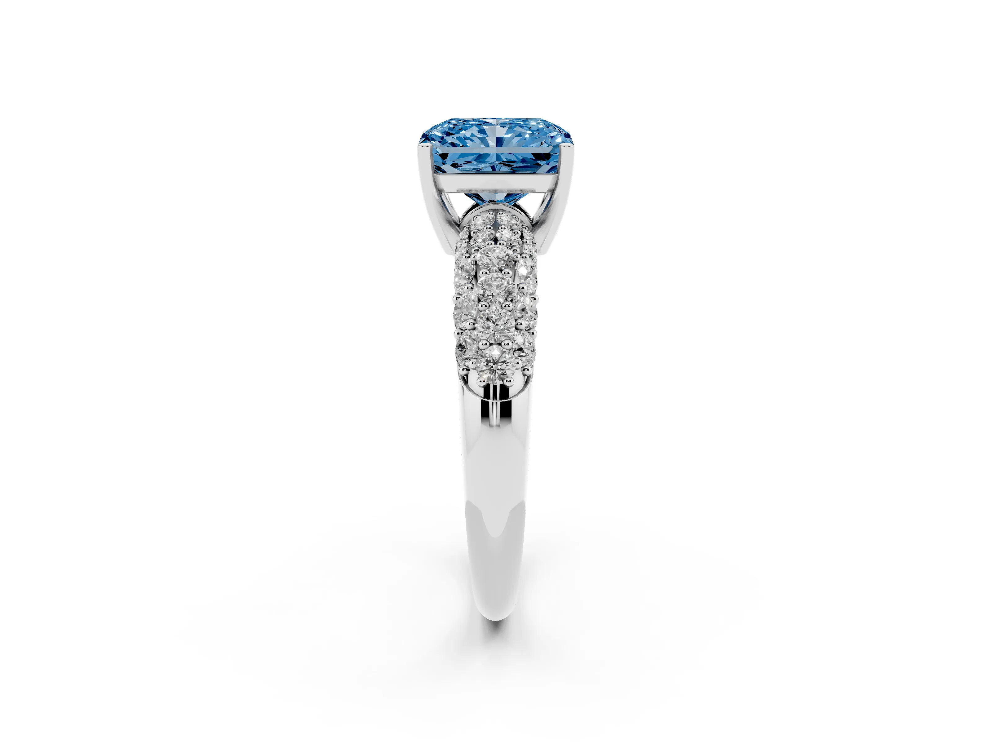 Fancy Blue Radiant Cut Diamond Pavé Band Solitaire Ring Set in Platinum with Close-Set Accent Stones and Prong Setting
