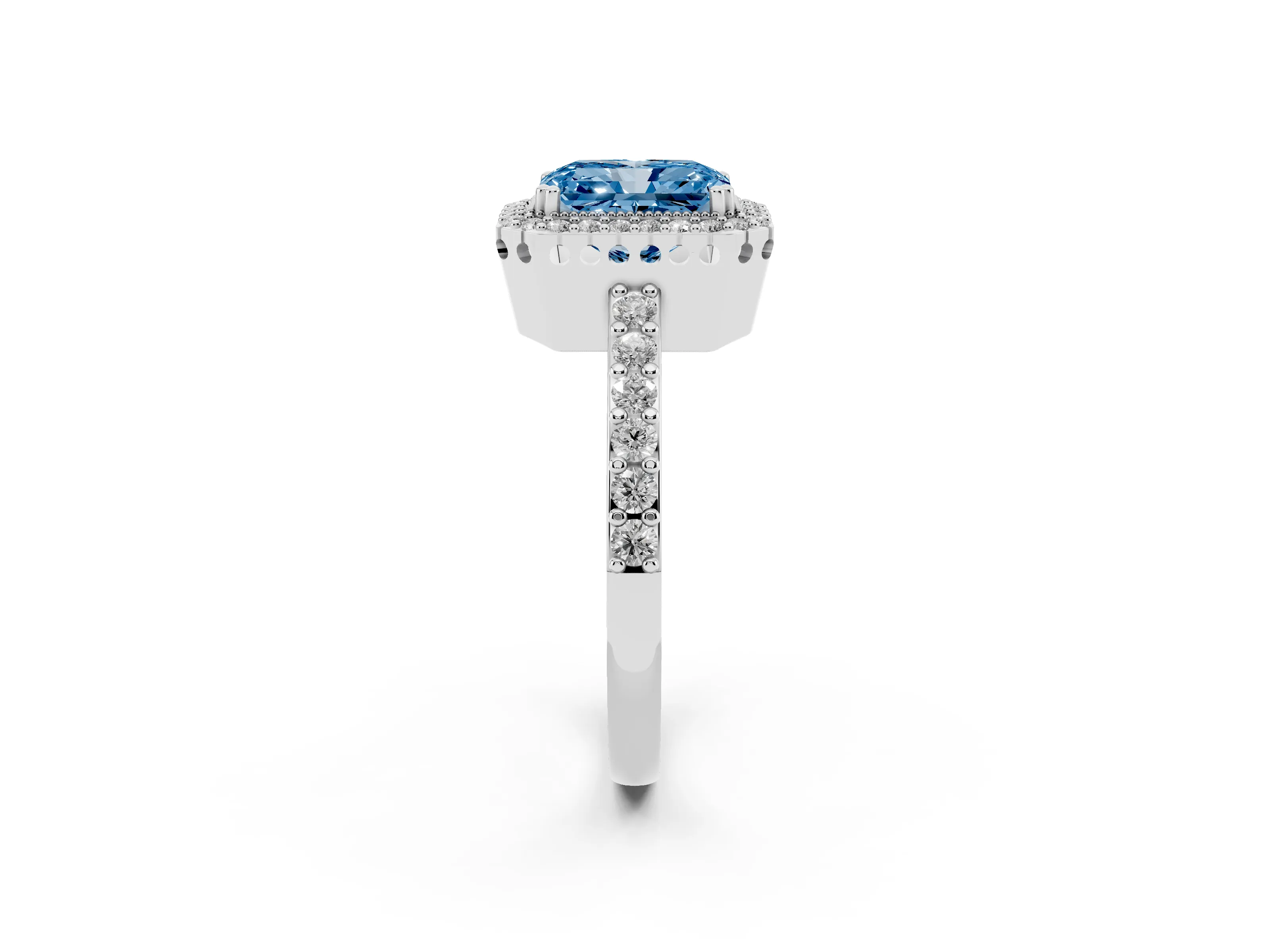 Fancy Blue Radiant Cut Diamond Halo Engagement Ring Set in White gold with Milgrain Detail and Pavé Band