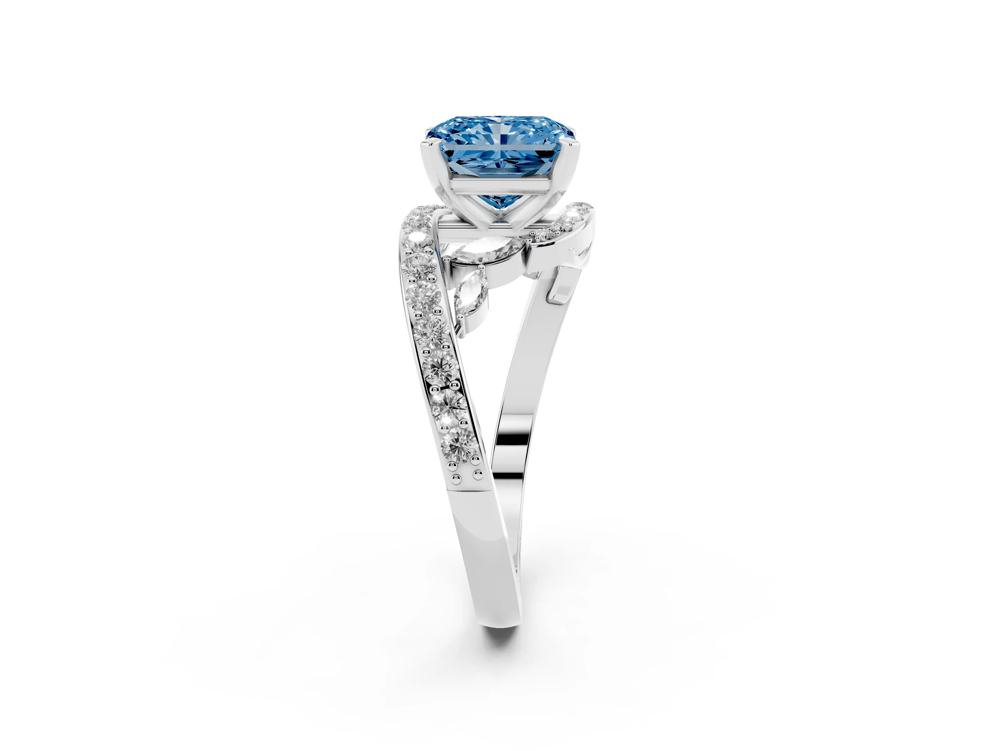 Fancy Blue Radiant Cut Diamond Solitaire Ring Set in Platinum with Pavé Twist Band and Secure Prong Setting