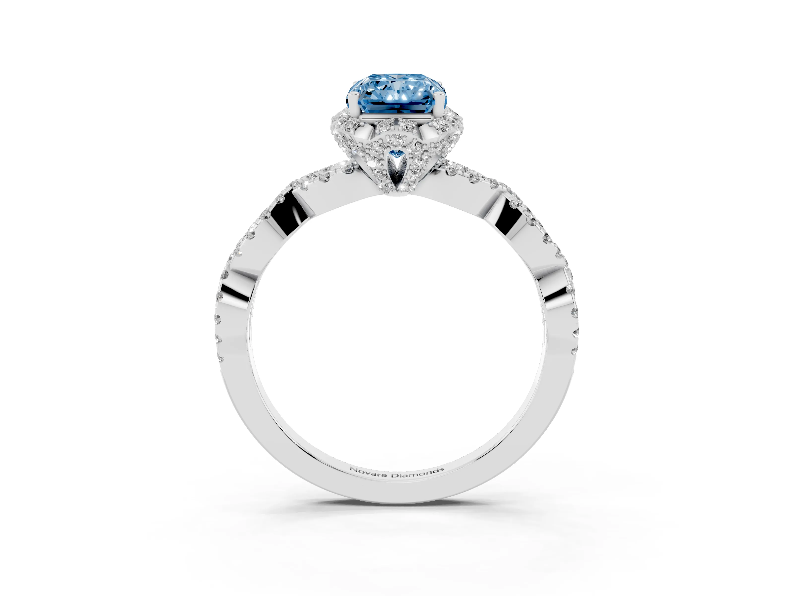 Fancy Blue Radiant Cut Diamond Halo Twist Band Solitaire Ring Set in Platinum with Prong-Set Center Stone