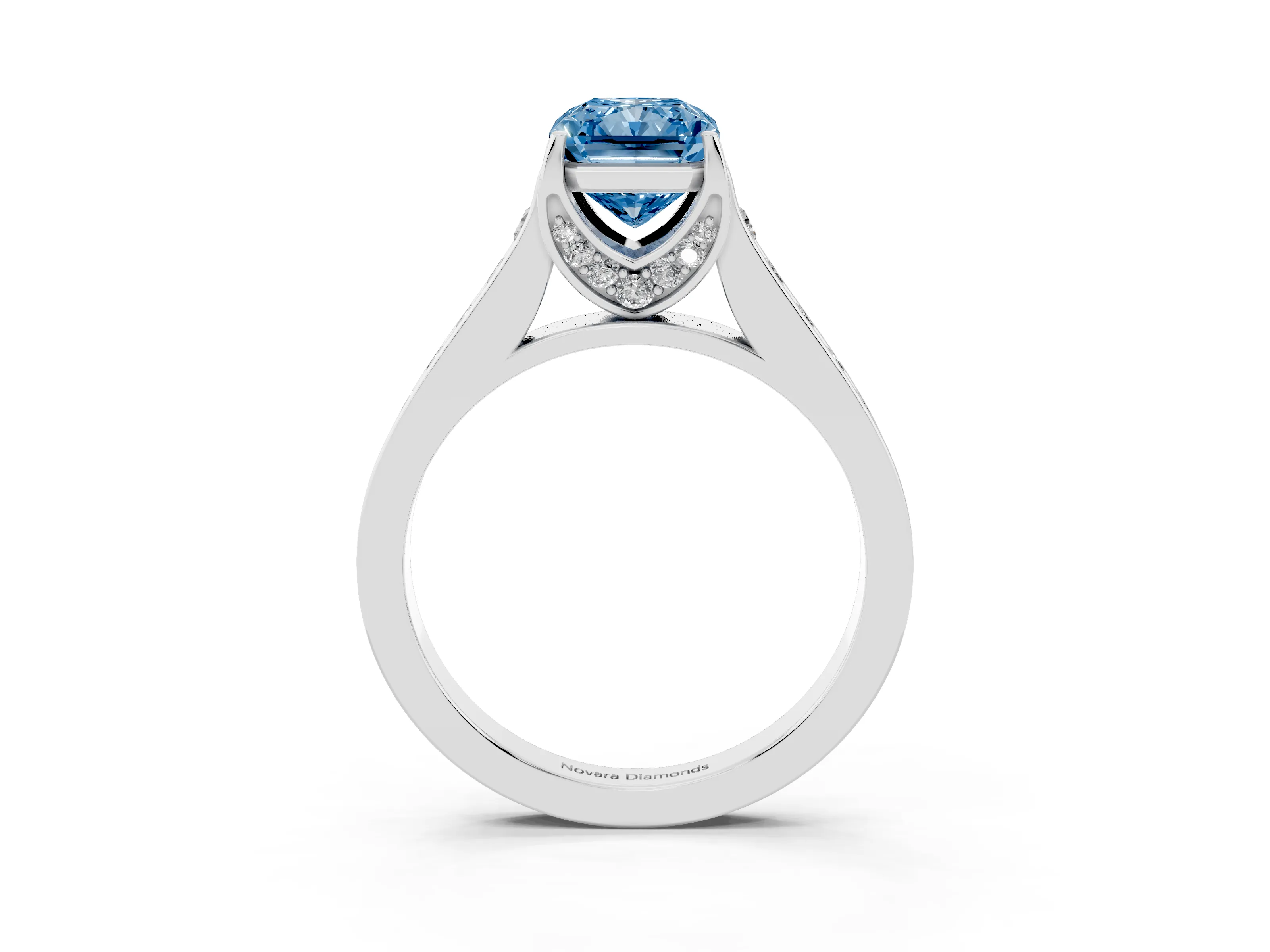 Fancy Blue Radiant Cut Diamond Solitaire Pavé Engagement Ring Set in Platinum with Prong Setting