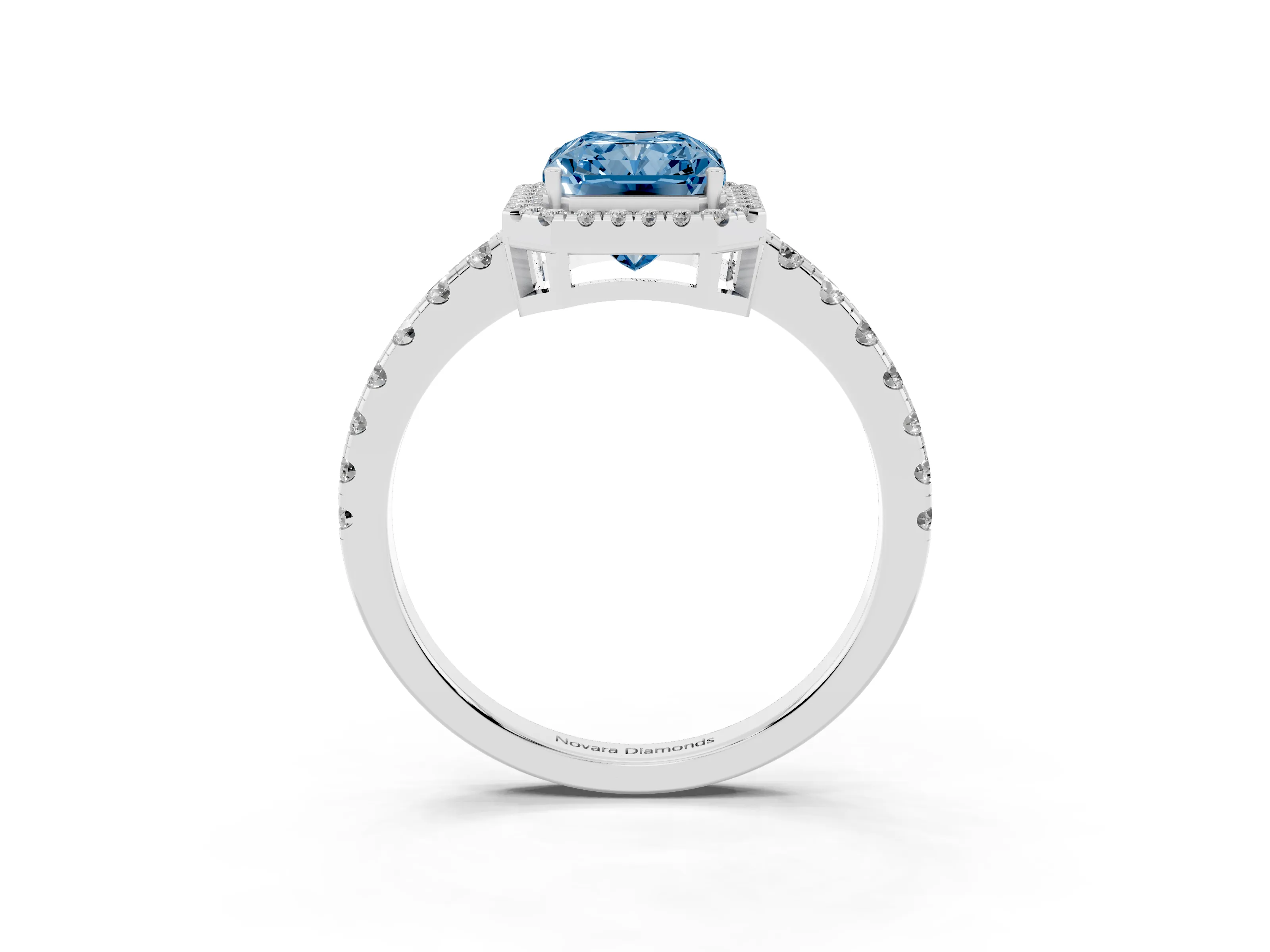 Fancy Blue Radiant Cut Diamond Halo Ring Set in Silver with Delicate Pavé Band and Prong Setting