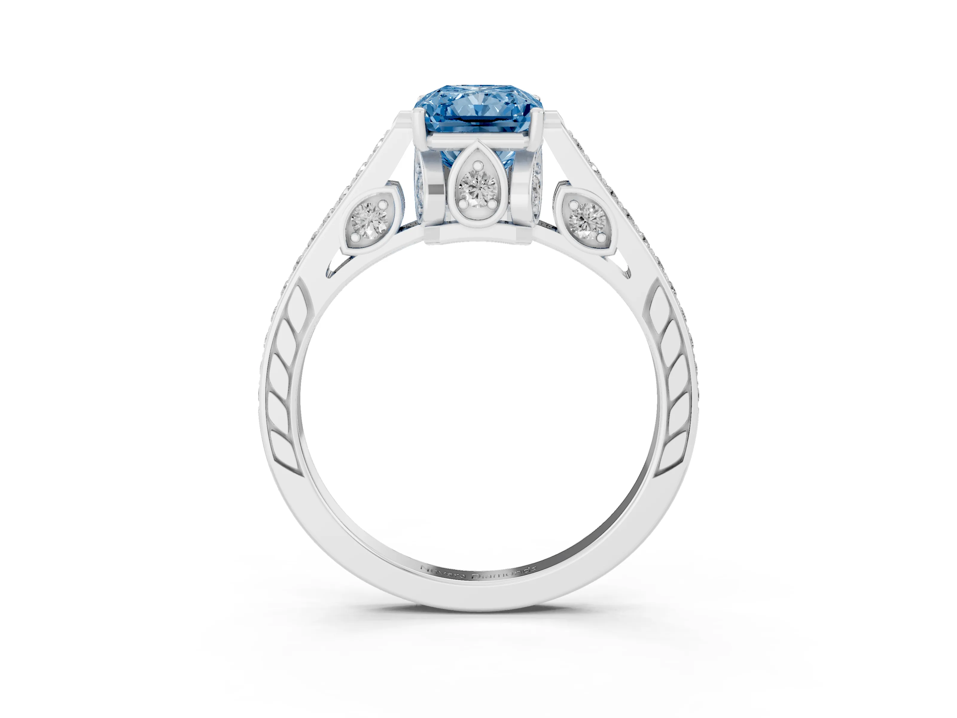 Fancy Blue Radiant Cut Diamond Cathedral Pavé Engagement Ring Set in Platinum with Prong Setting