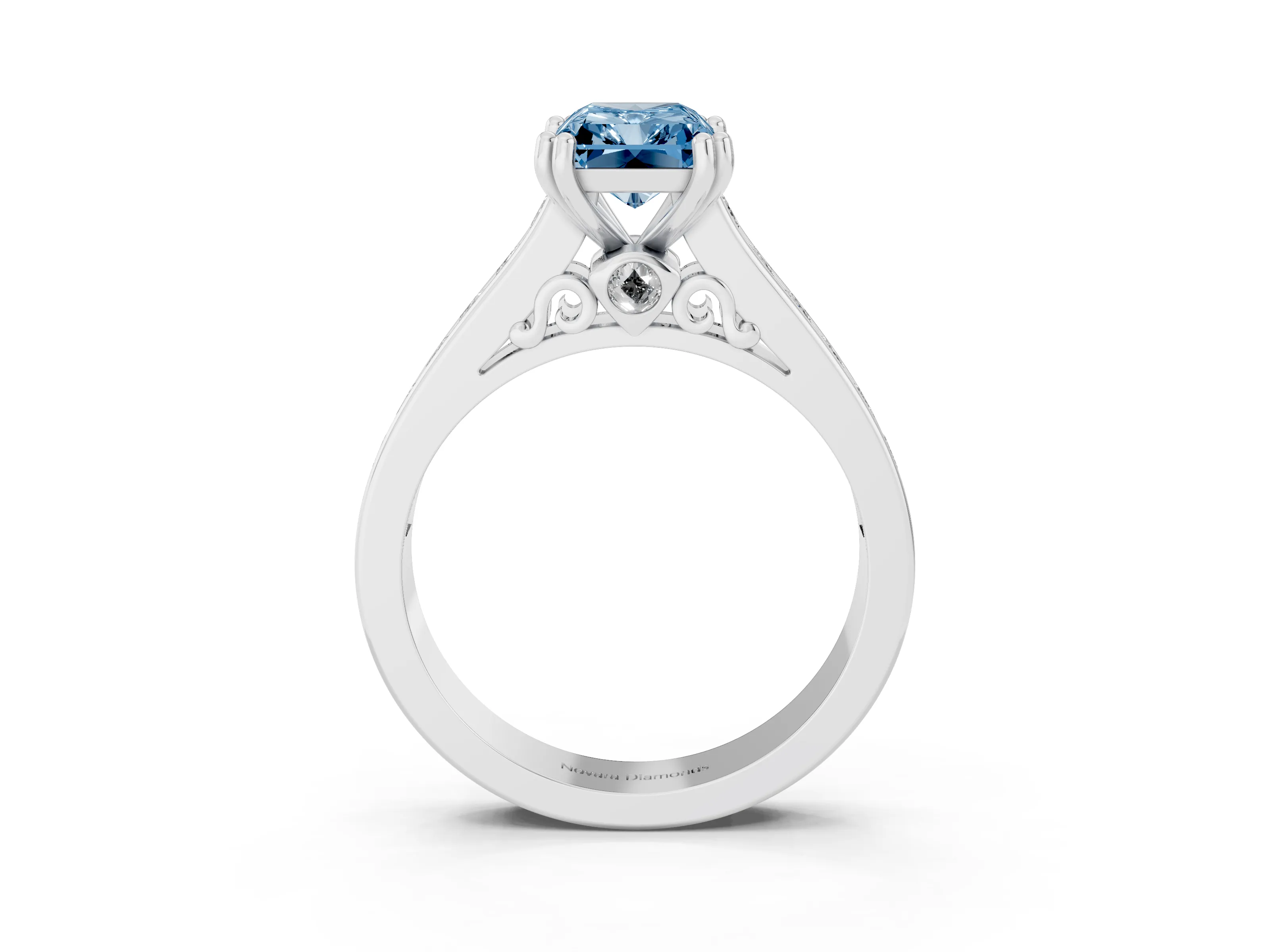Fancy Blue Radiant Cut Diamond Channel Set Solitaire Engagement Ring Set in Silver with Prong Setting