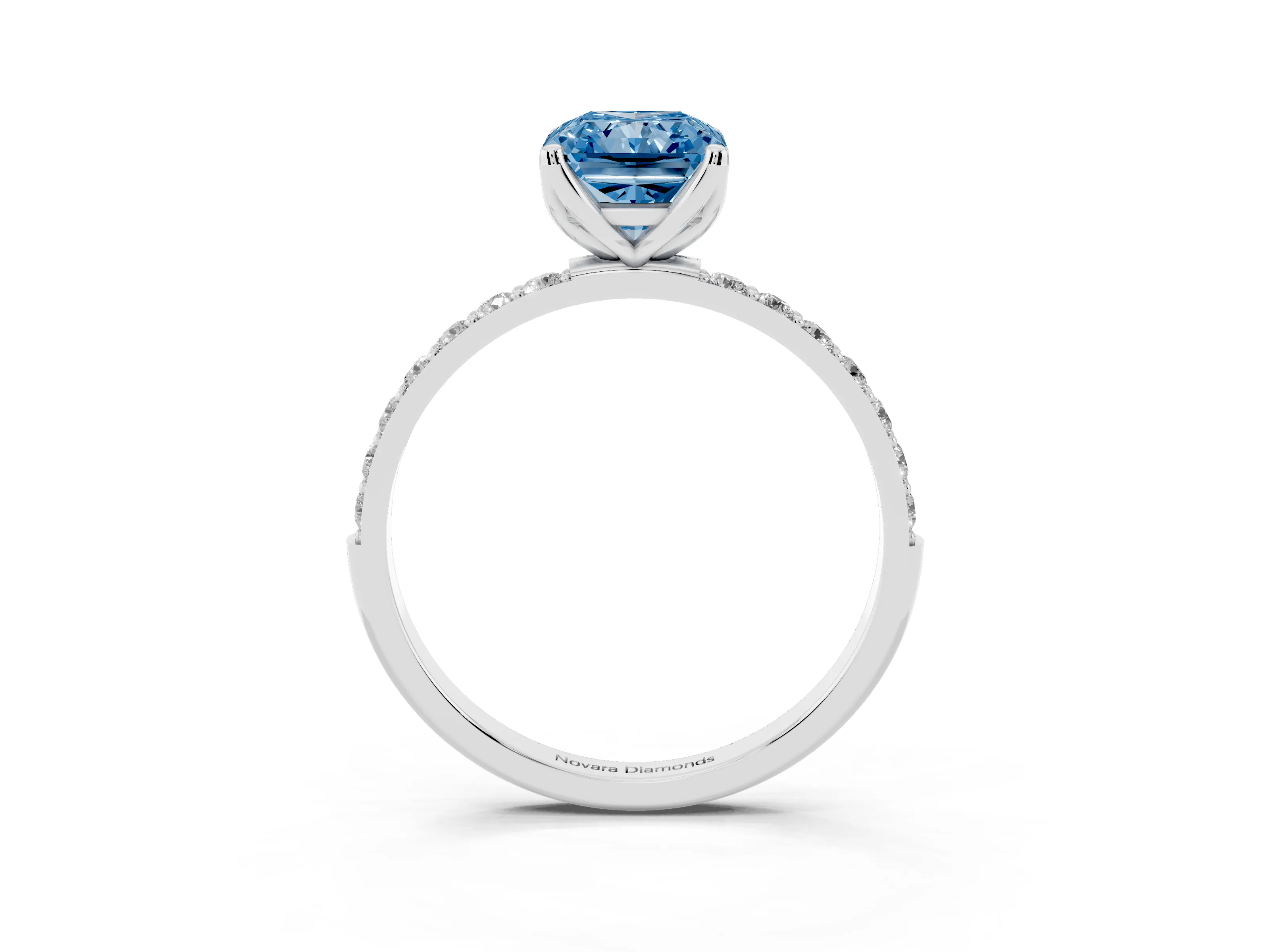 Fancy Blue Radiant Cut Diamond Solitaire Engagement Ring Set in White gold with Round Pavé Band and Prong Setting
