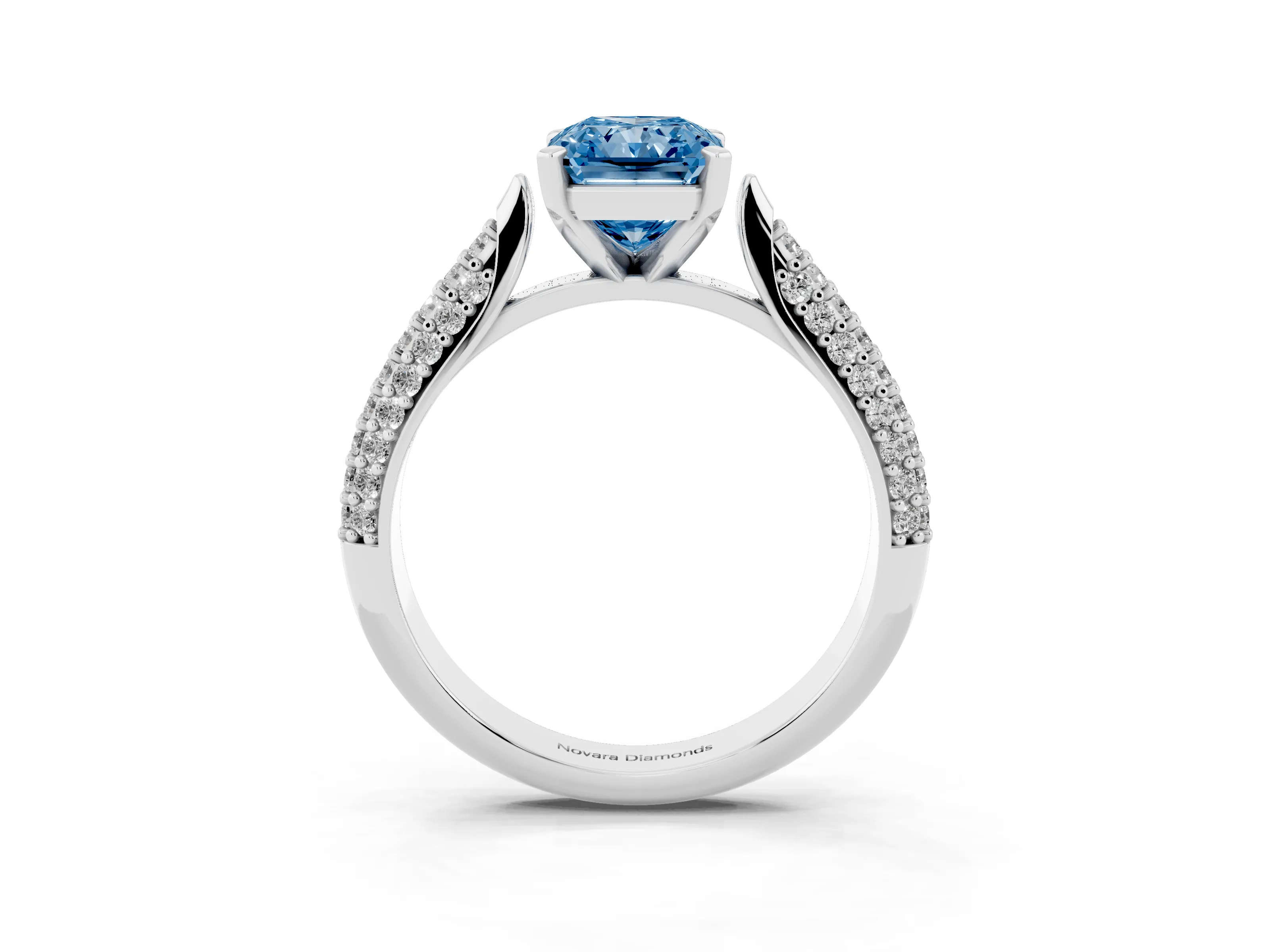 Fancy Blue Radiant Cut Diamond Solitaire Engagement Ring Set in White gold with Multi-Row Round Pavé Band and Prong Setting