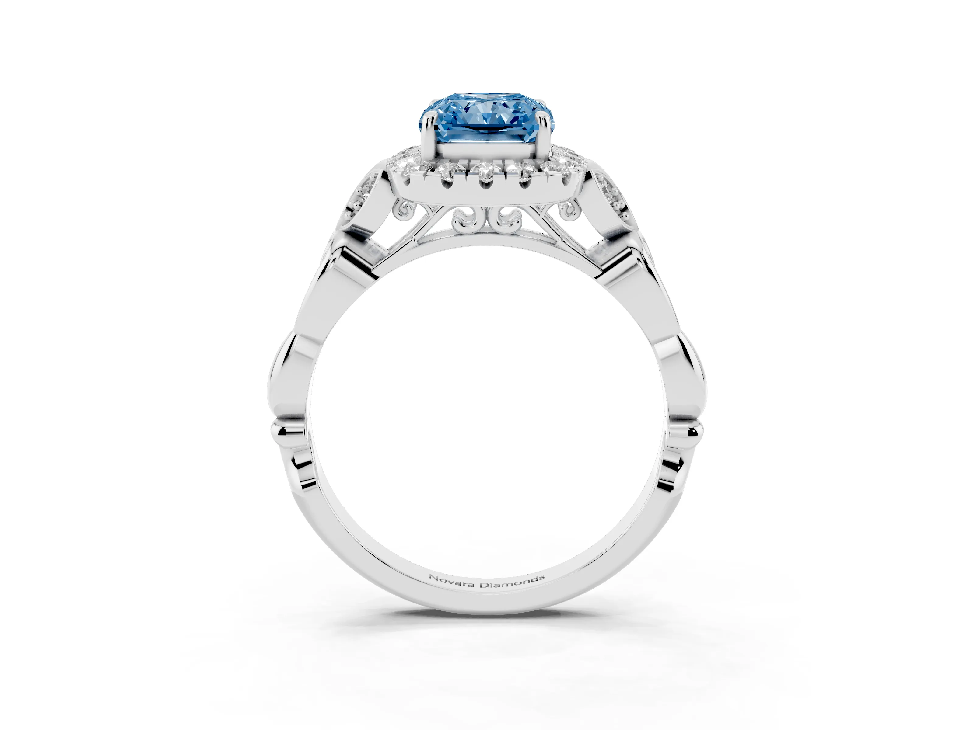Fancy Blue Radiant Cut Diamond Halo Engagement Ring Set in Platinum with Vintage-Inspired Band and Prong Setting