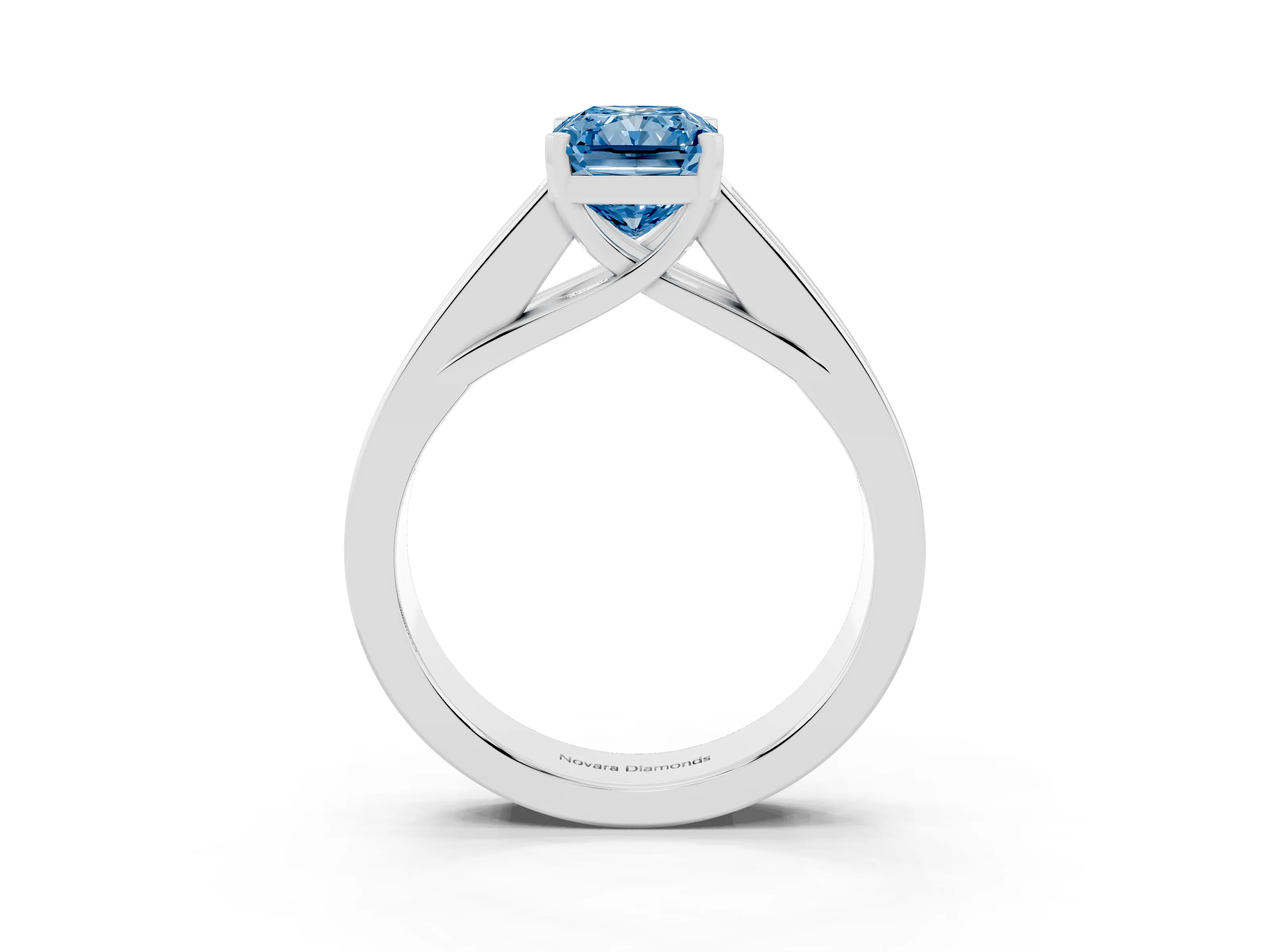 Fancy Blue Radiant Cut Diamond Solitaire Ring Set in Silver with Channel-Set Accent Stones and Prong Setting