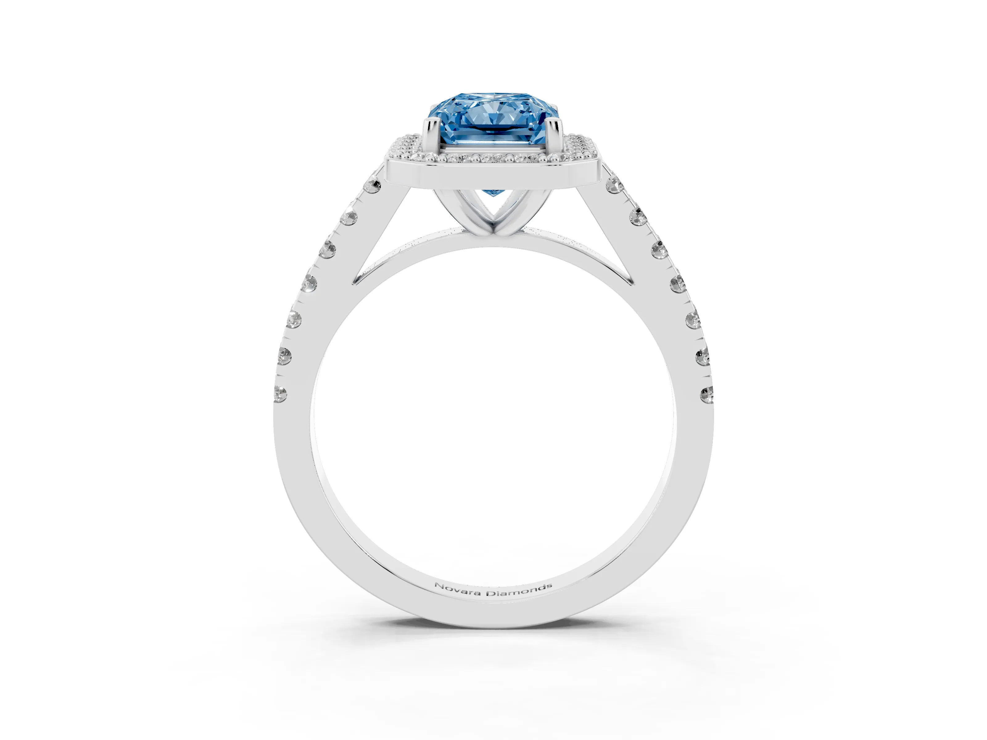 Fancy Blue Radiant Cut Diamond Halo Ring Set in Platinum with Round Pavé Split Shank and Prong Setting