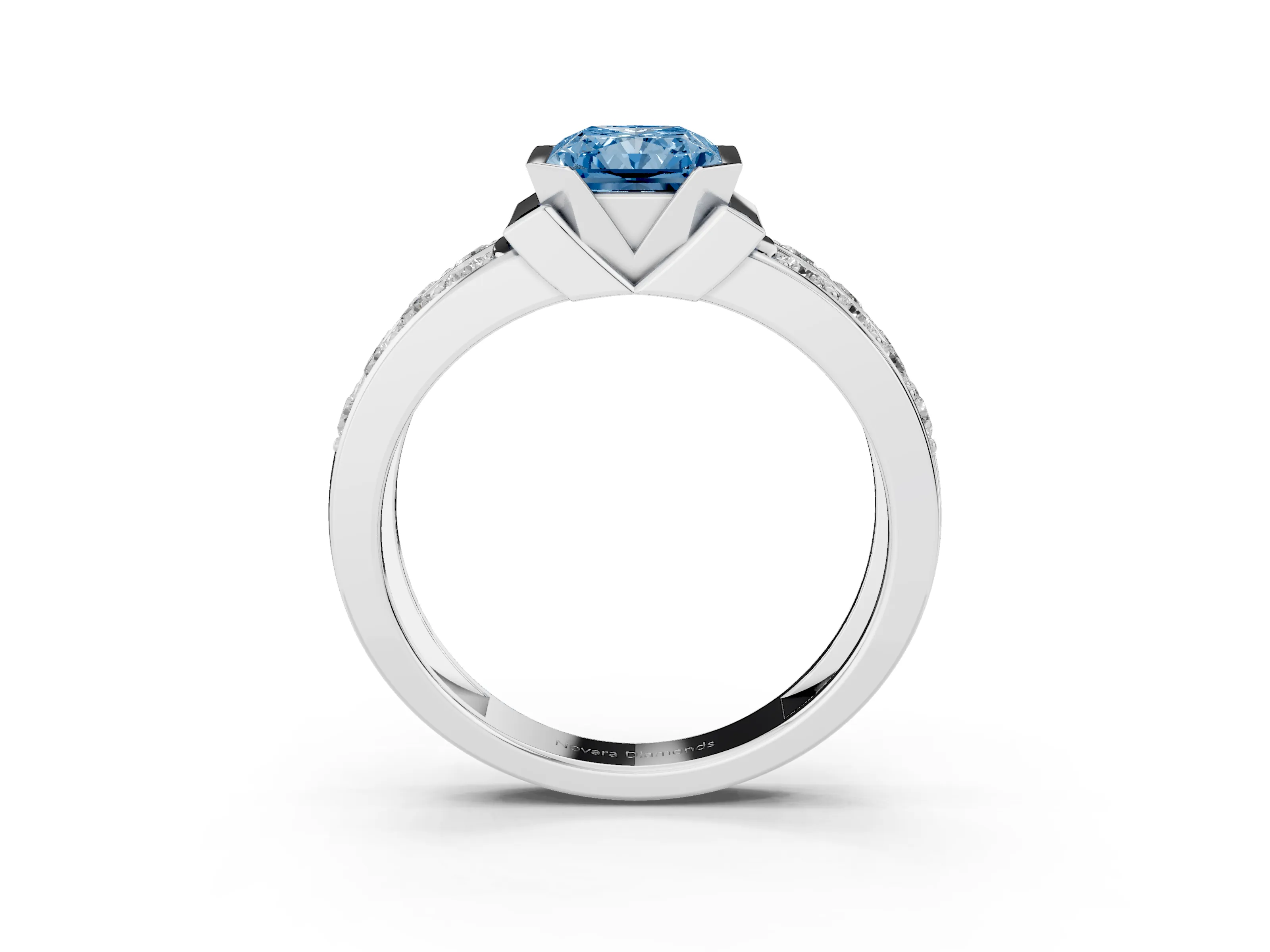 Fancy Blue Radiant Cut Diamond Wide Channel Set Band Ring Set in White gold with Bezel Setting