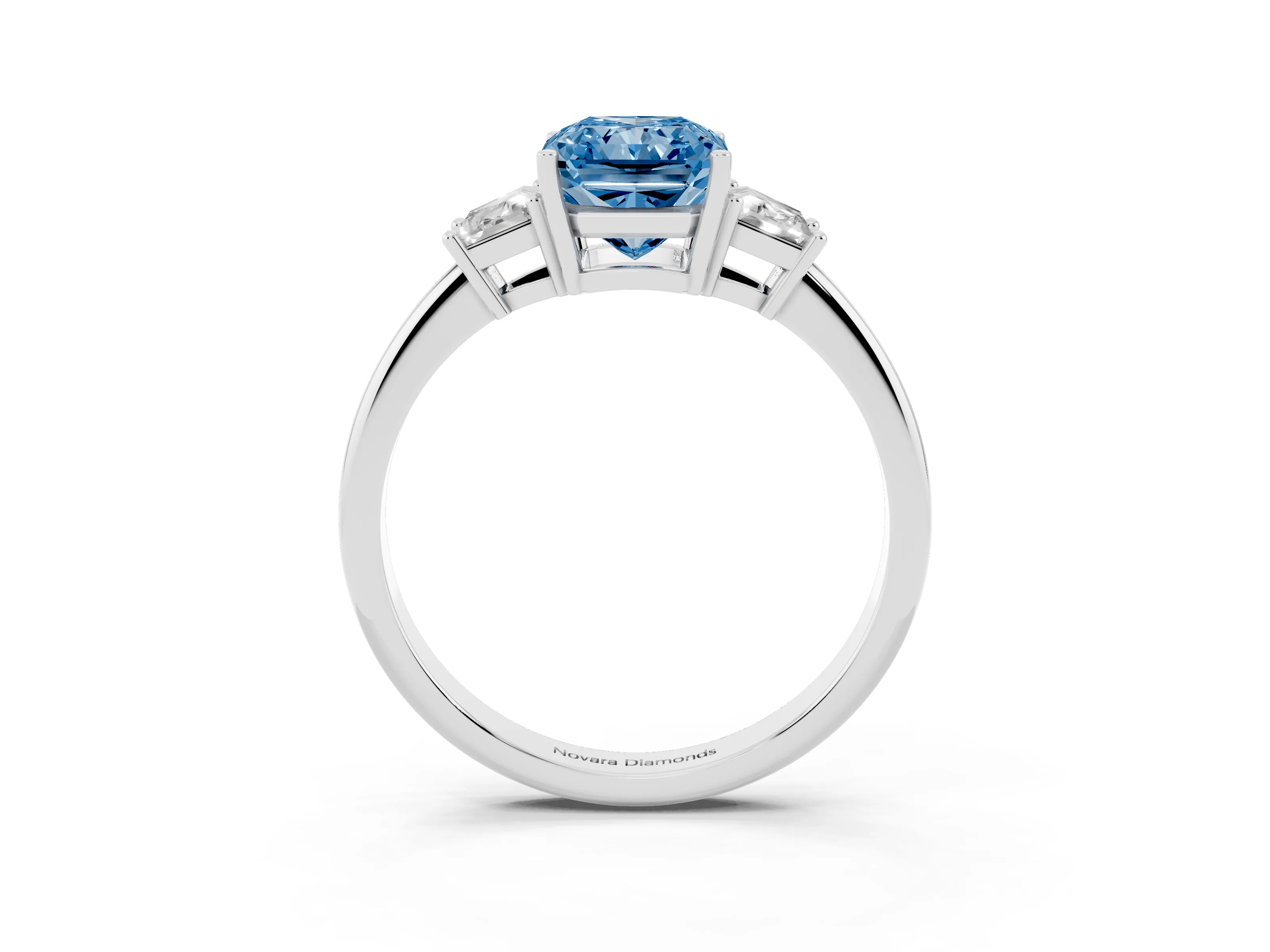 Fancy Blue Radiant Cut Diamond Three-Stone Ring Set in Silver with Trapezoid Side Stones and Prong Setting