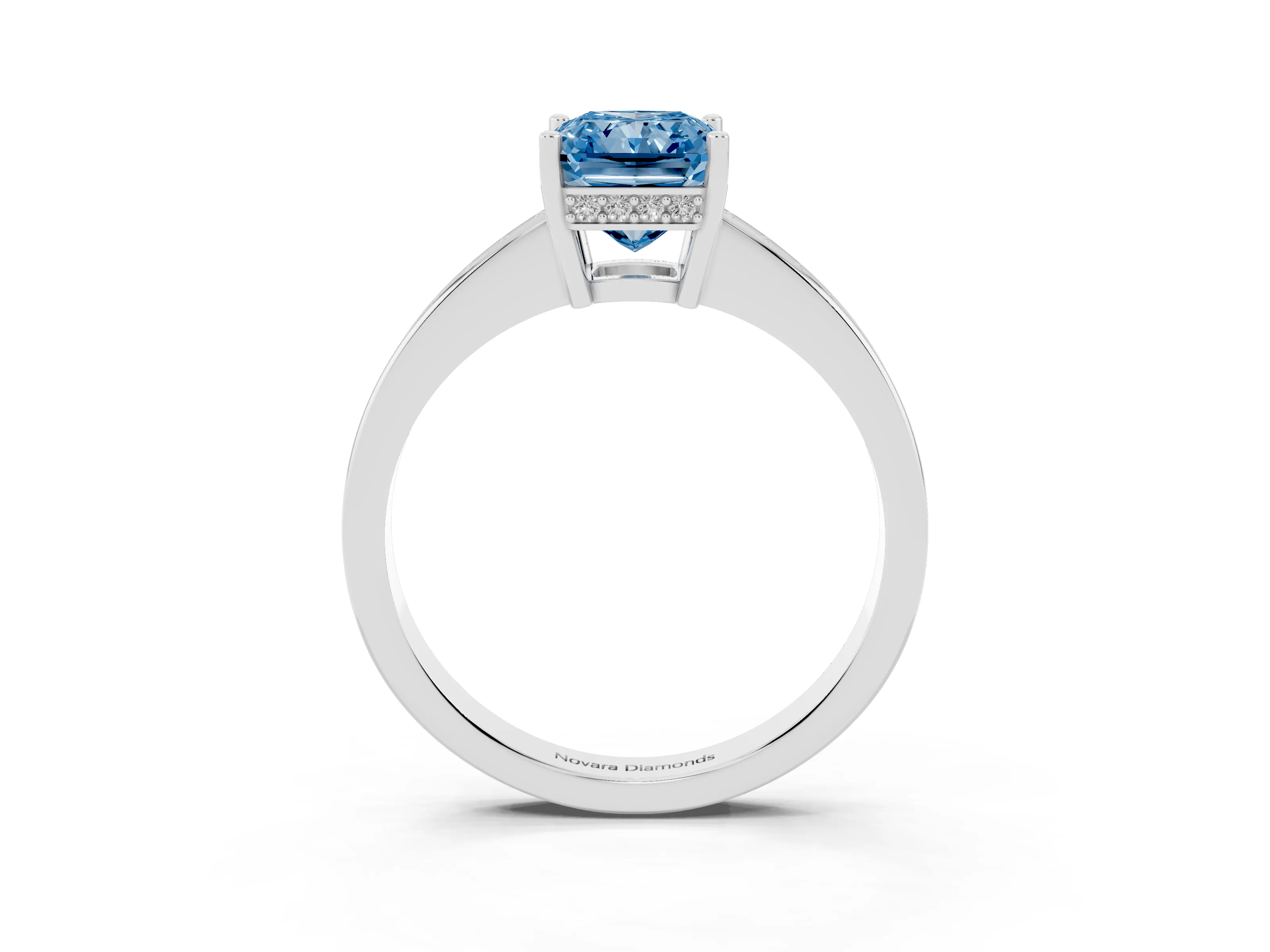Fancy Blue Radiant Cut Diamond Pavé Band Prong Set Solitaire Ring Set in Silver