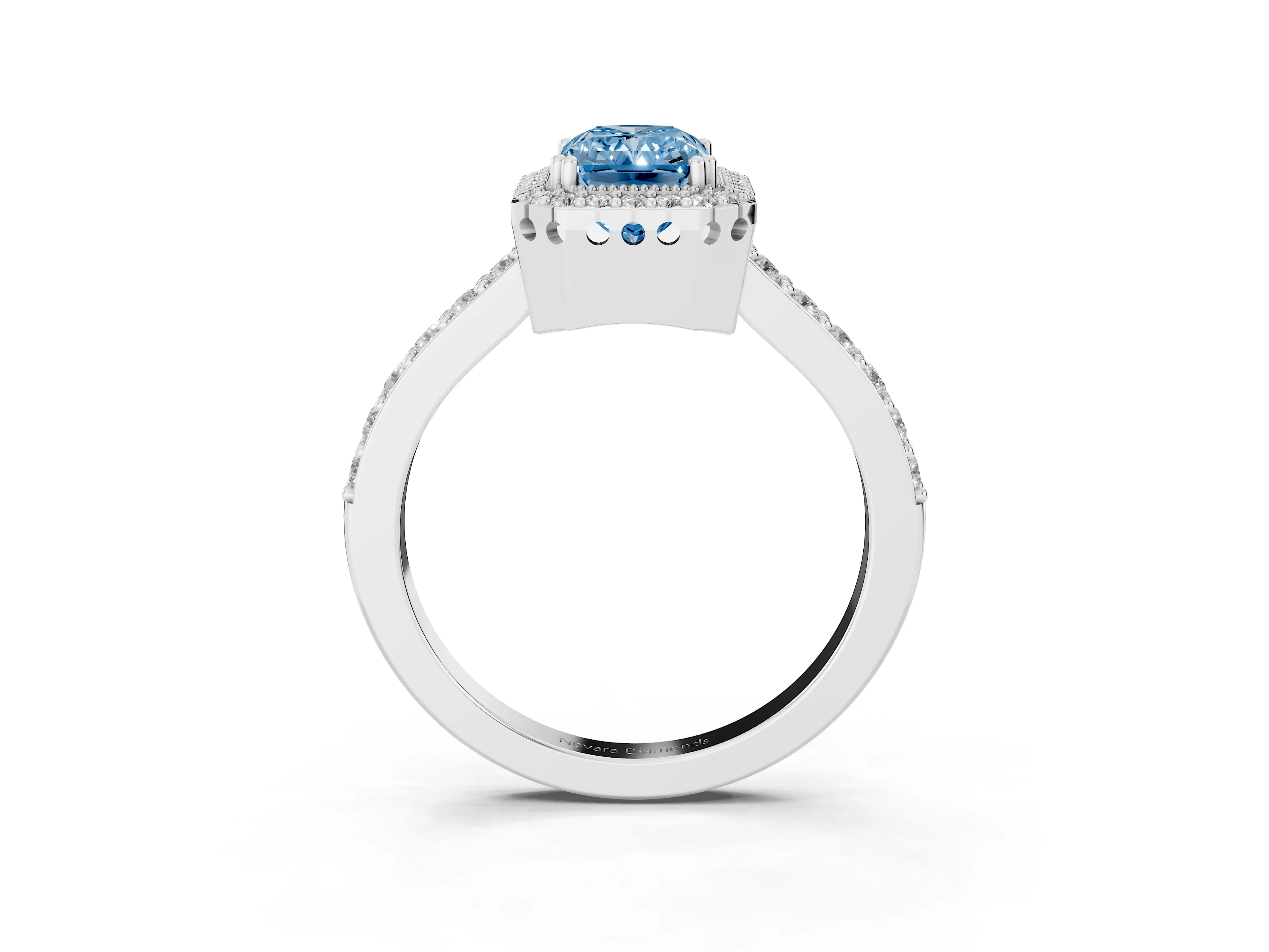 Fancy Blue Radiant Cut Diamond Halo Engagement Ring Set in White gold with Milgrain Detail and Pavé Band