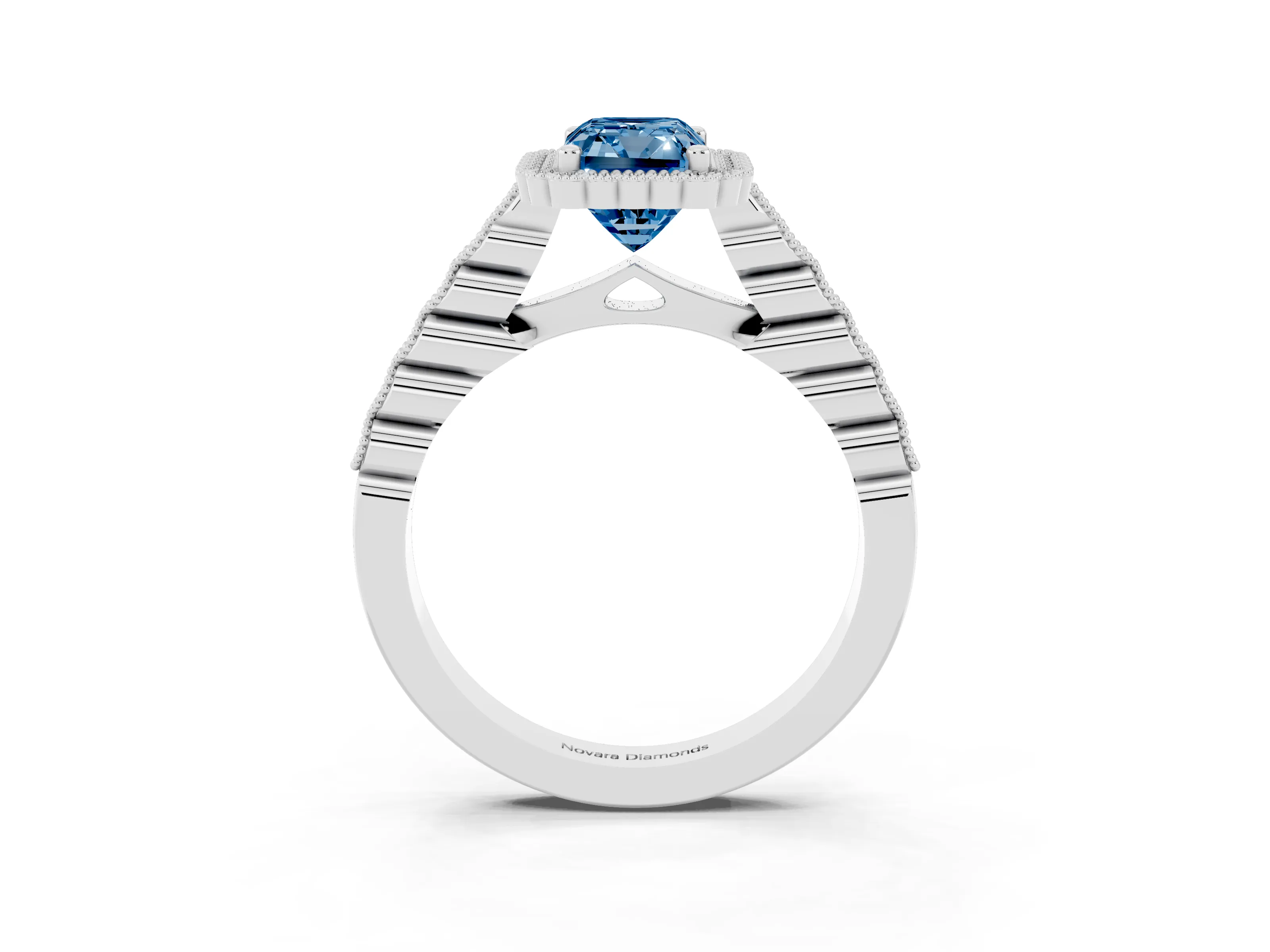 Fancy Blue Radiant Cut Diamond Halo Ring Set in Silver with Pavé Milgrain Band