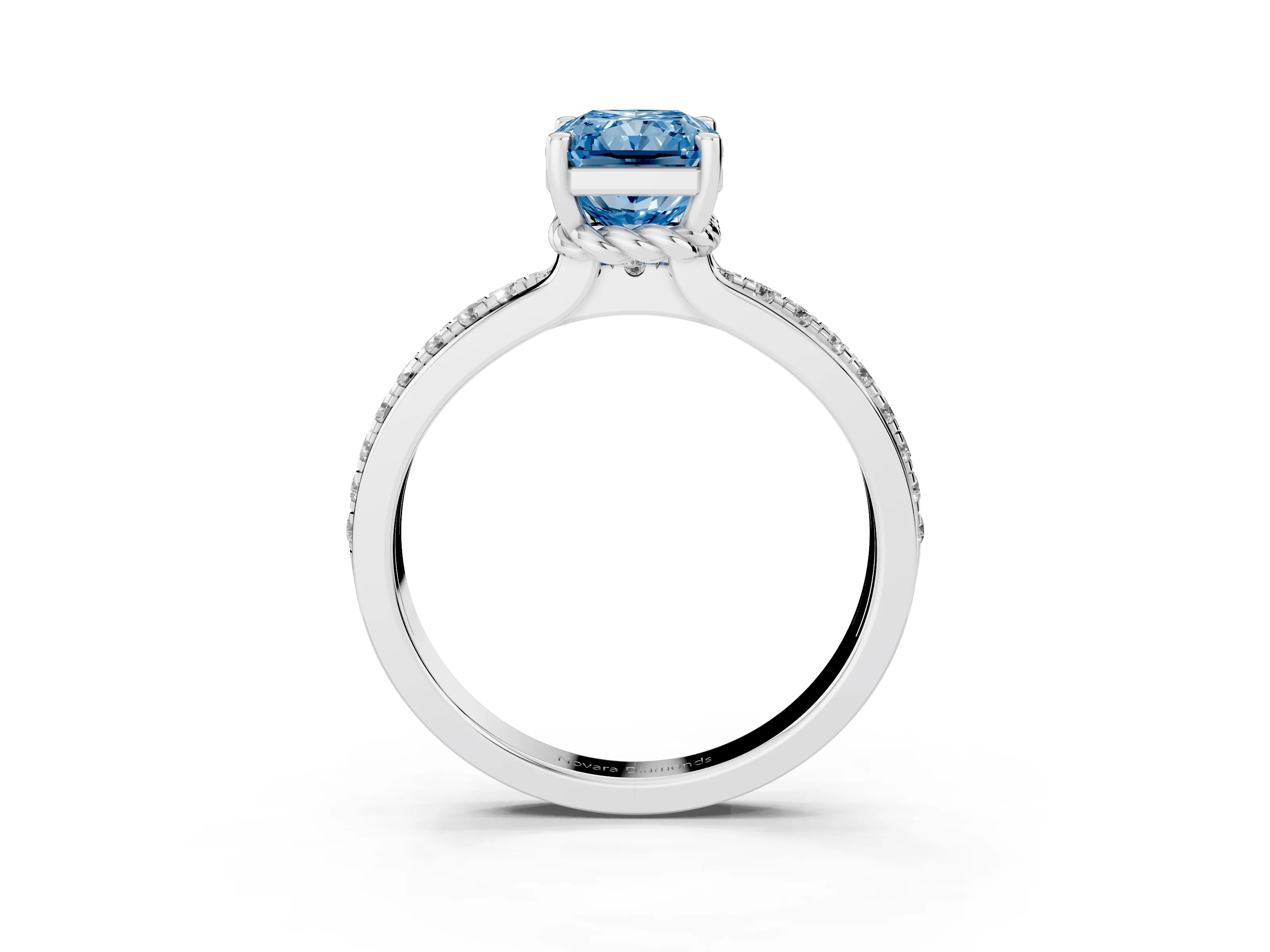 Fancy Blue Radiant Cut Diamond Solitaire Ring Set in White gold with Channel Set Band and Prong Setting