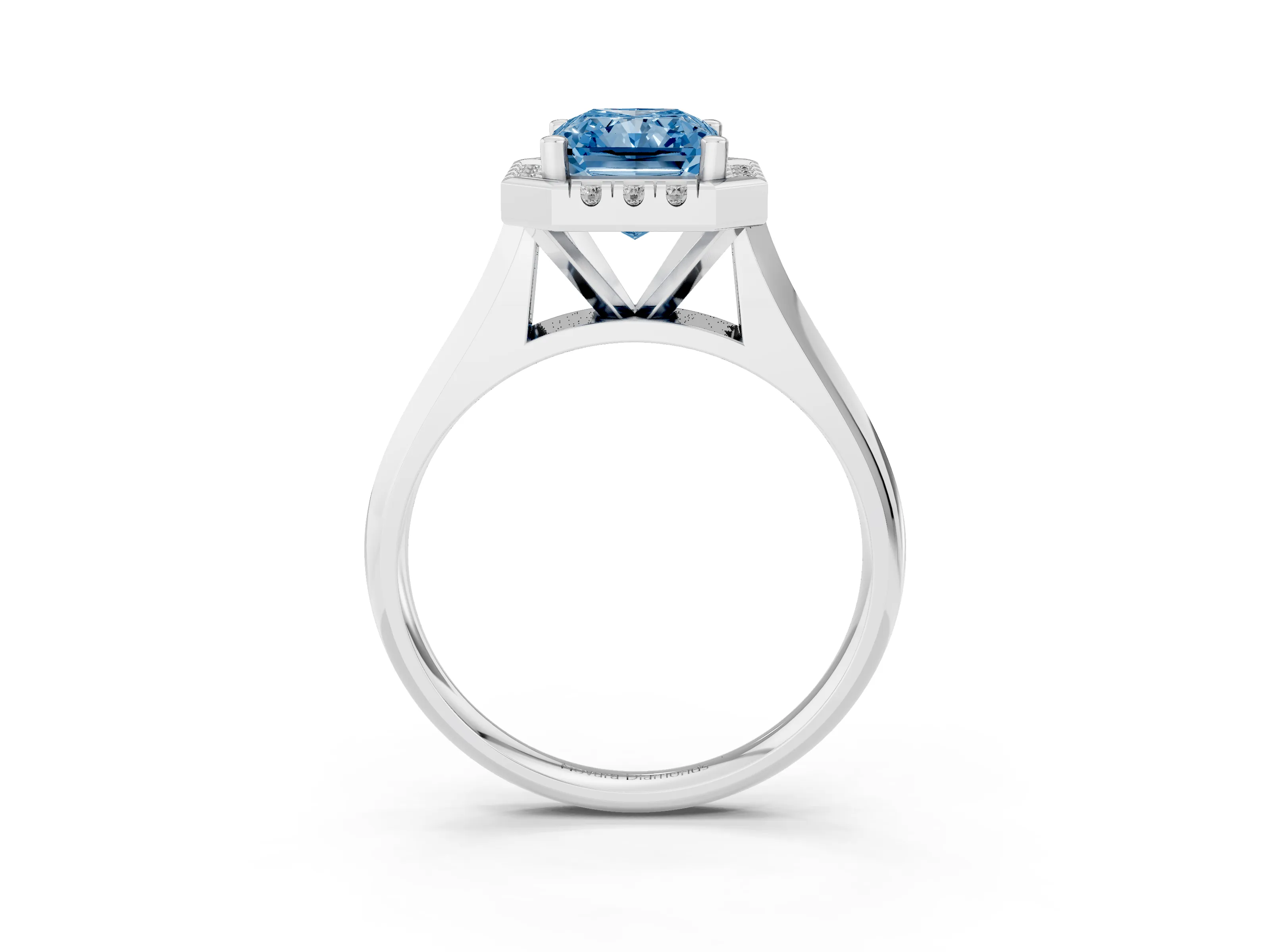 Fancy Blue Radiant Cut Diamond Halo Solitaire Engagement Ring Set in Platinum with Square Band and Prong Setting