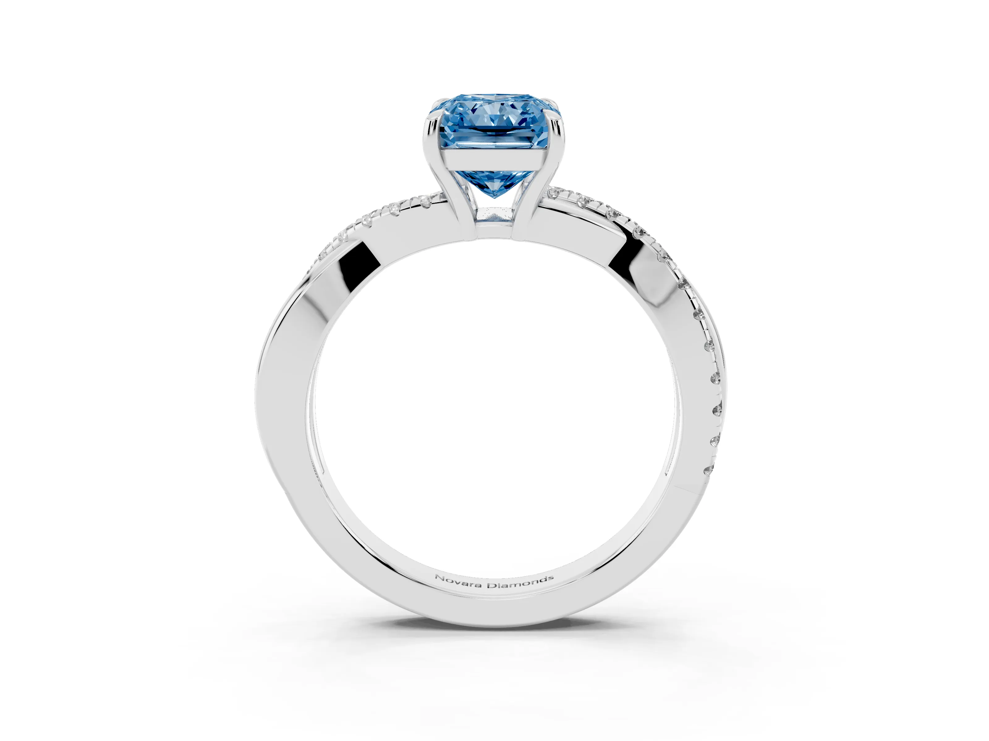 Fancy Blue Radiant Cut Diamond Twisted Pavé Band Ring Set in Silver with Prong Setting