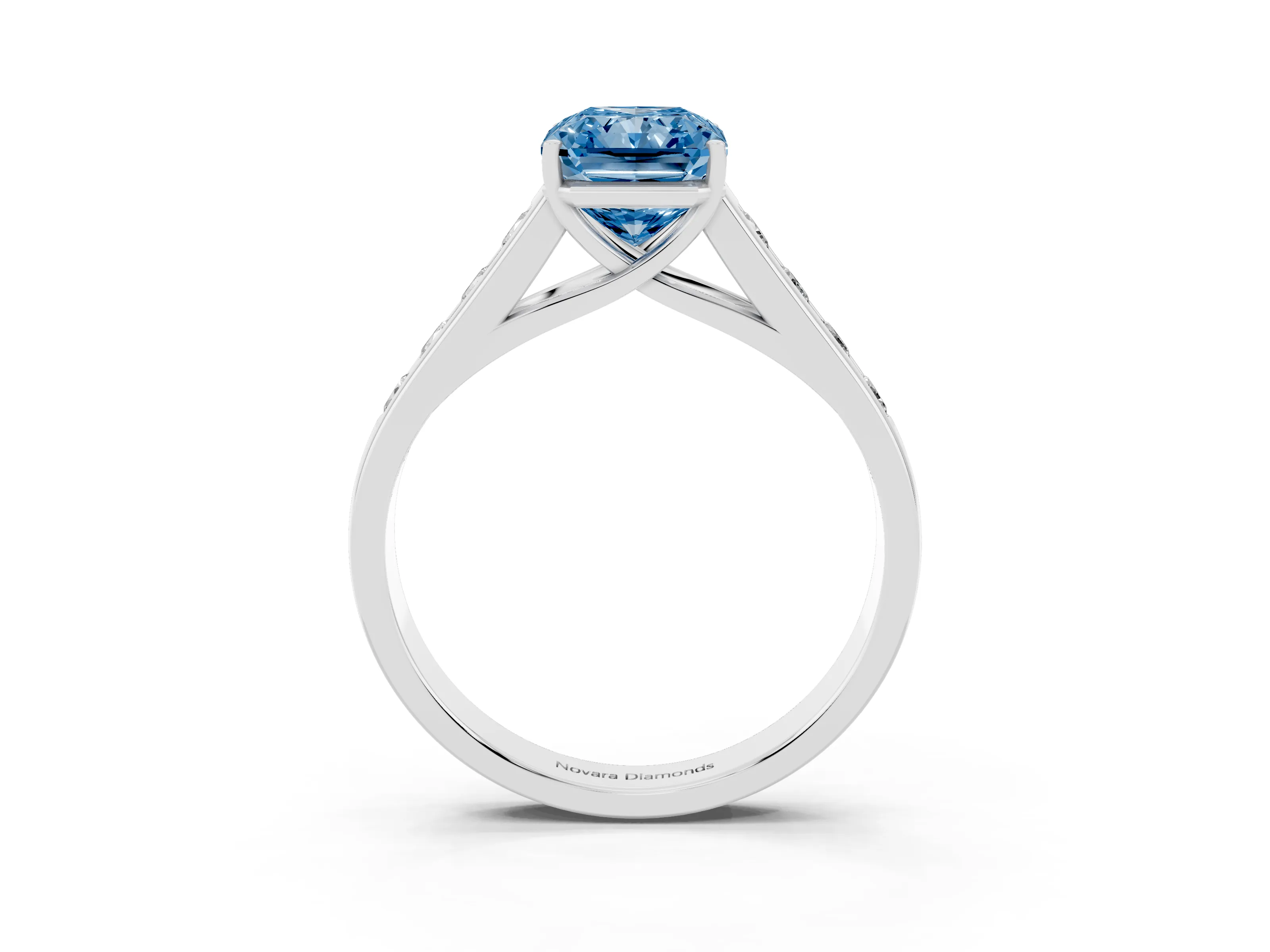 Fancy Blue Radiant Cut Diamond Brilliant Channel-Set Solitaire Ring Set in White gold with Prong Setting