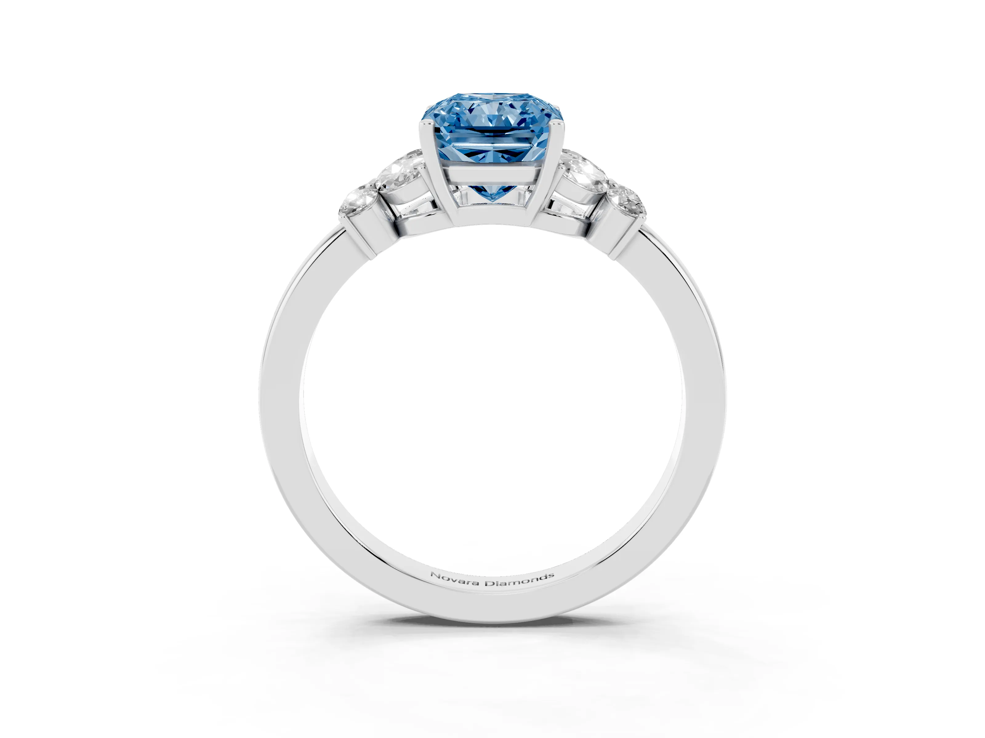 Fancy Blue Radiant Cut Diamond Solitaire Floral Ring Set in White gold with Marquise Petals and Prong Setting