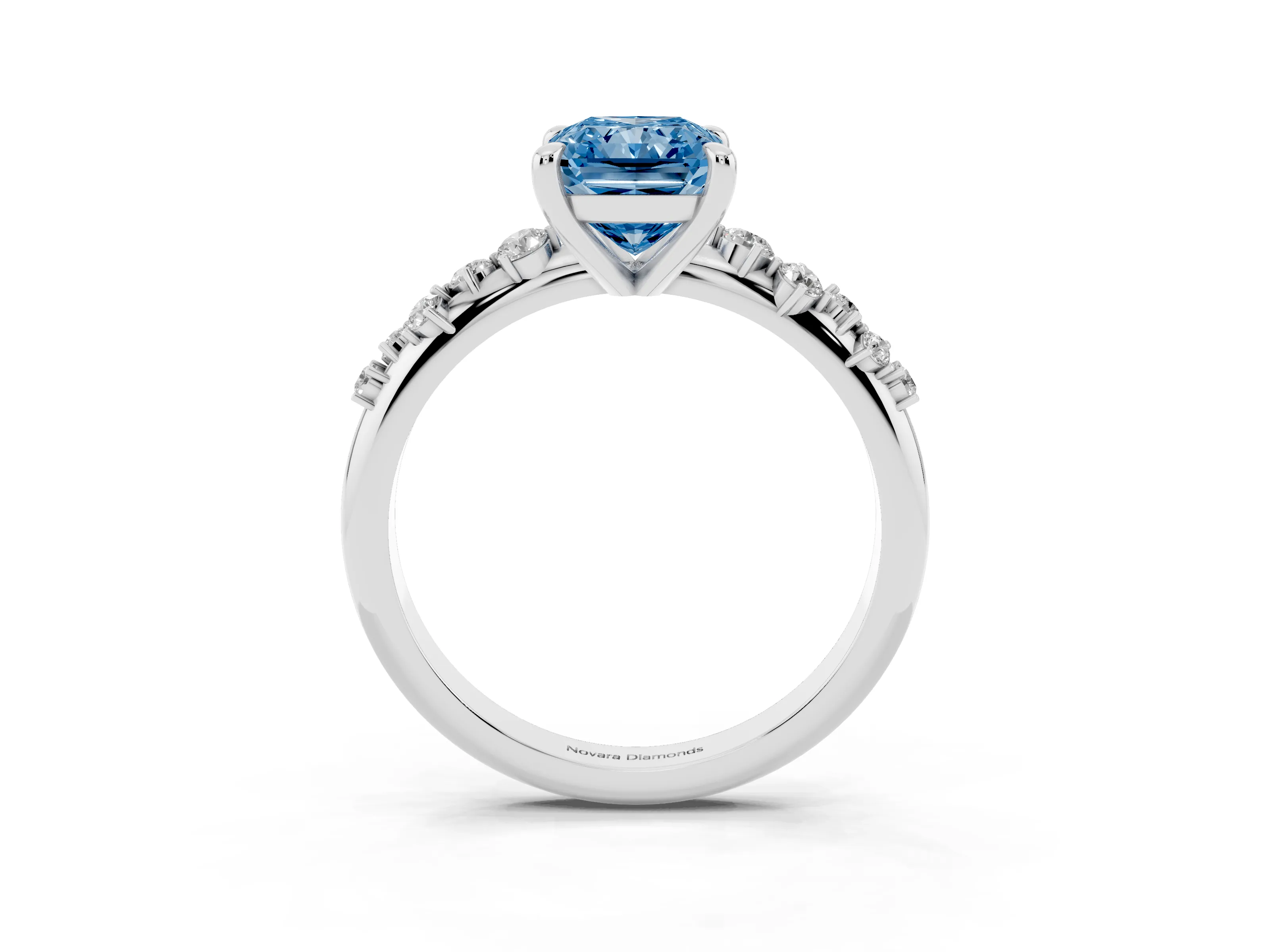 Fancy Blue Radiant Cut Diamond Solitaire Vine Band Ring Set in Silver with Round Accents and Prong Setting
