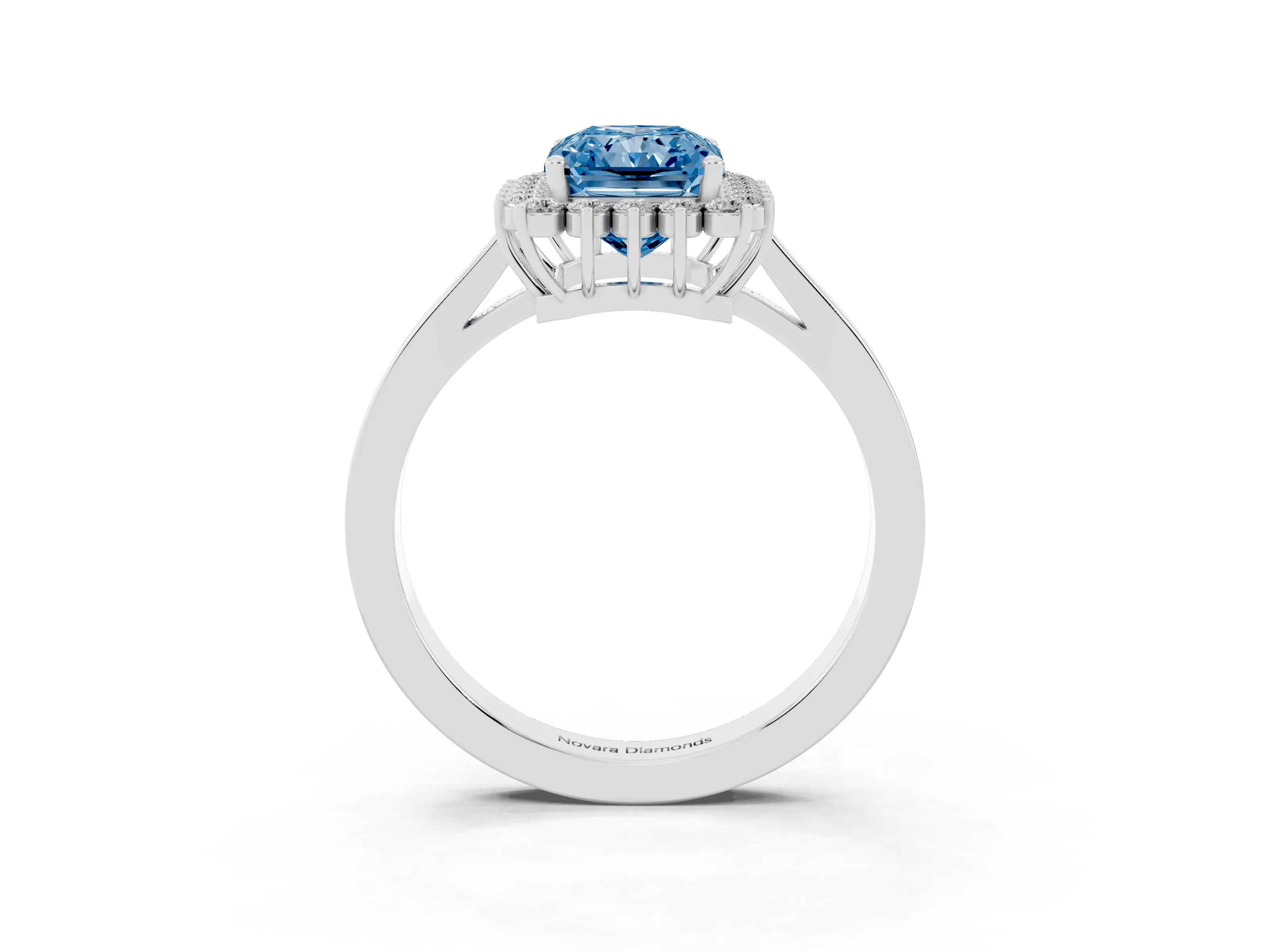 Fancy Blue Radiant Cut Diamond Halo Ring Set in White gold with Round Halo and Smooth Solitaire Band