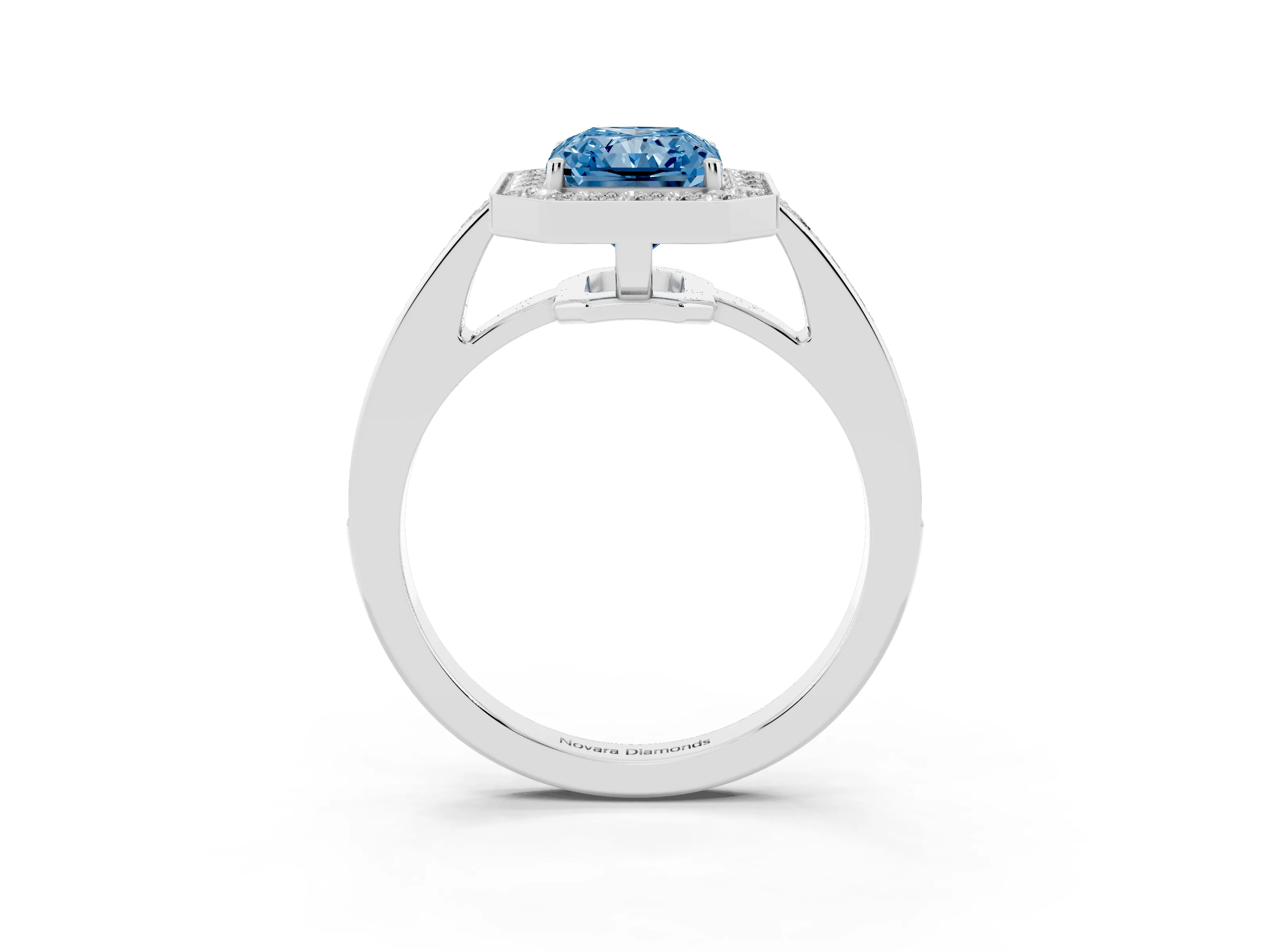 Fancy Blue Radiant Cut Diamond Halo Pavé Engagement Ring Set in White gold with Bezel Setting