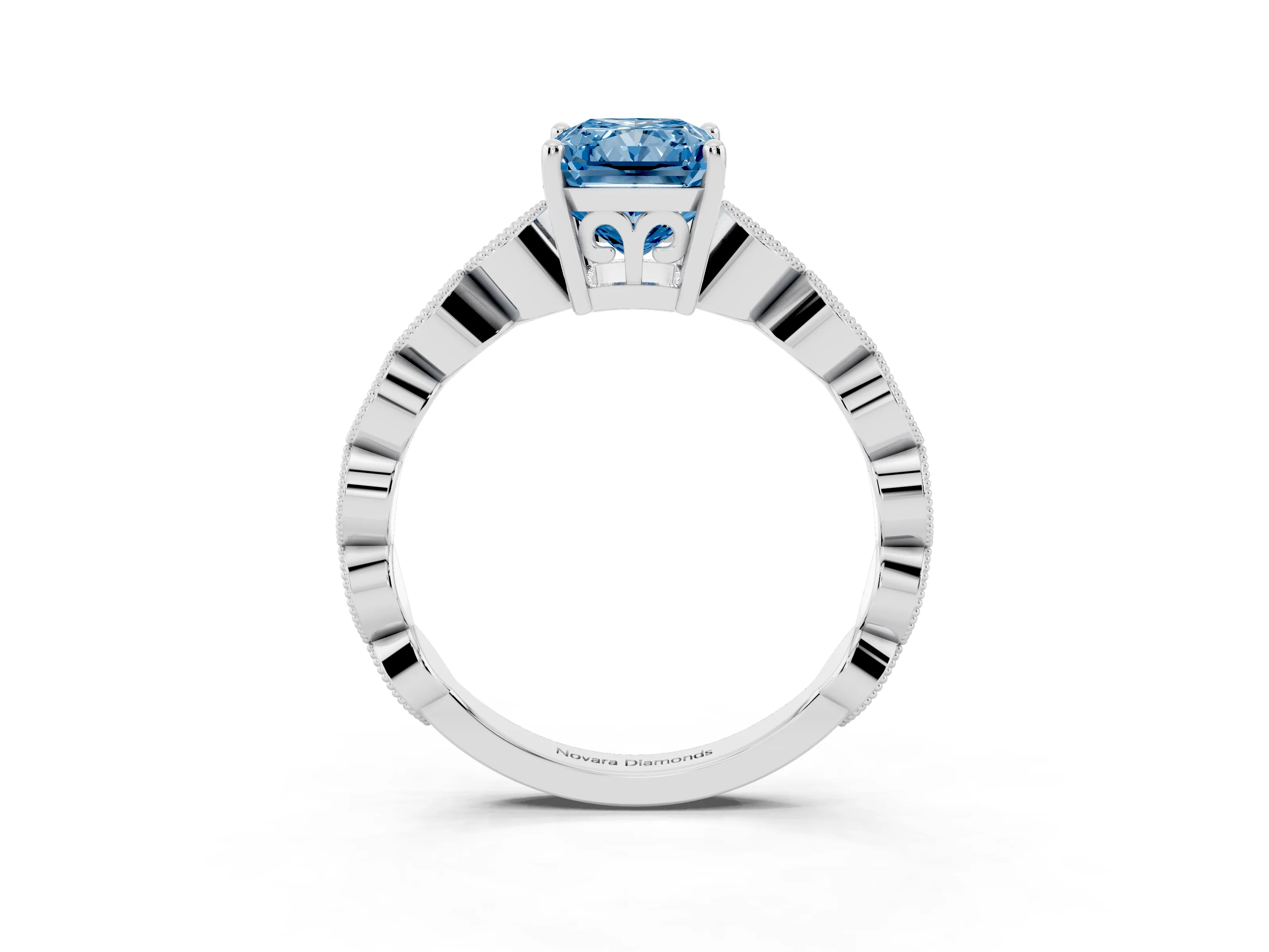 Fancy Blue Radiant Cut Diamond Solitaire Ring Set in Platinum with Infinity Twist Pavé Band