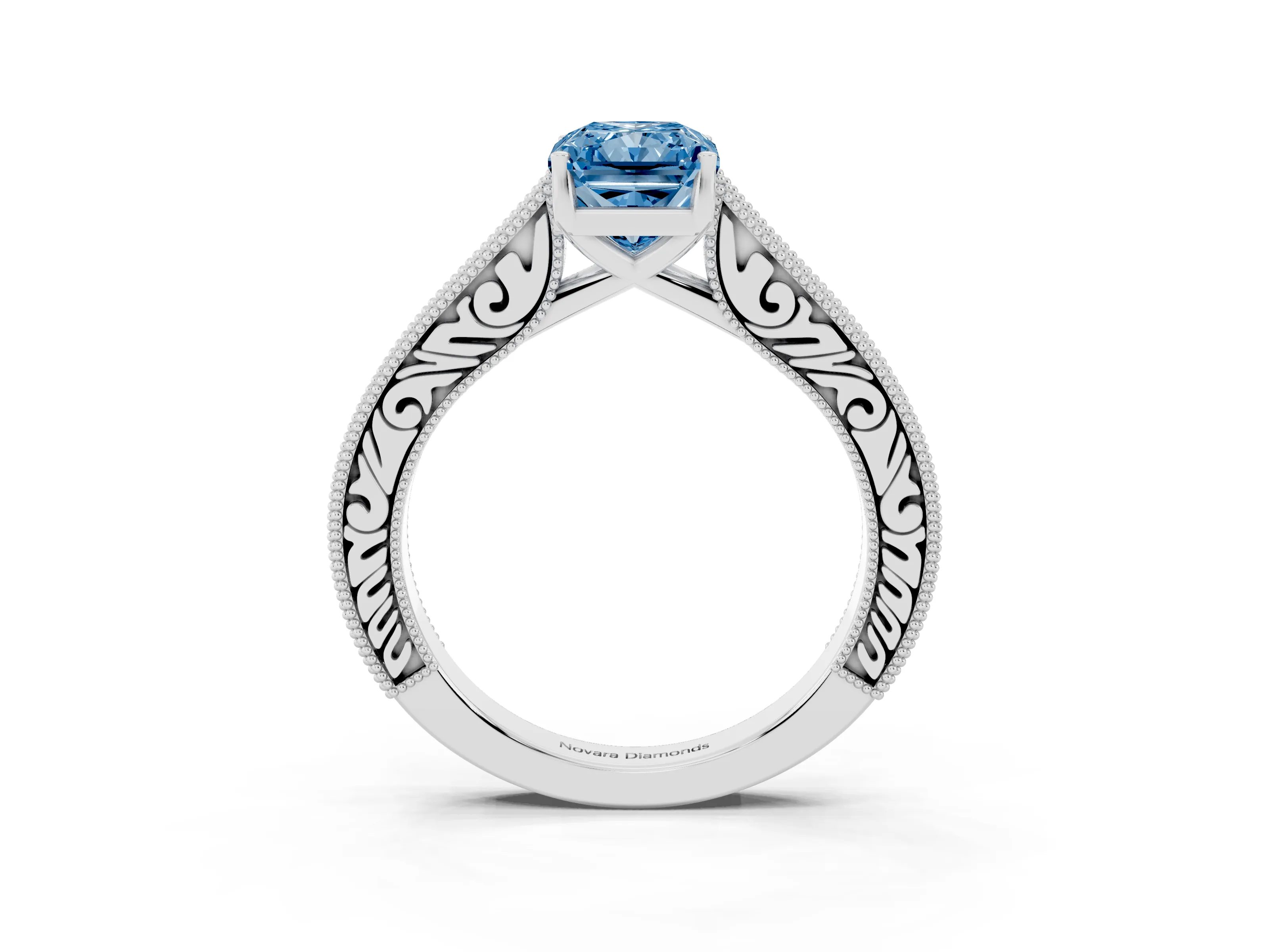 Fancy Blue Radiant Cut Diamond Milgrain Pavé Band Solitaire Ring Set in Silver with Prong Setting