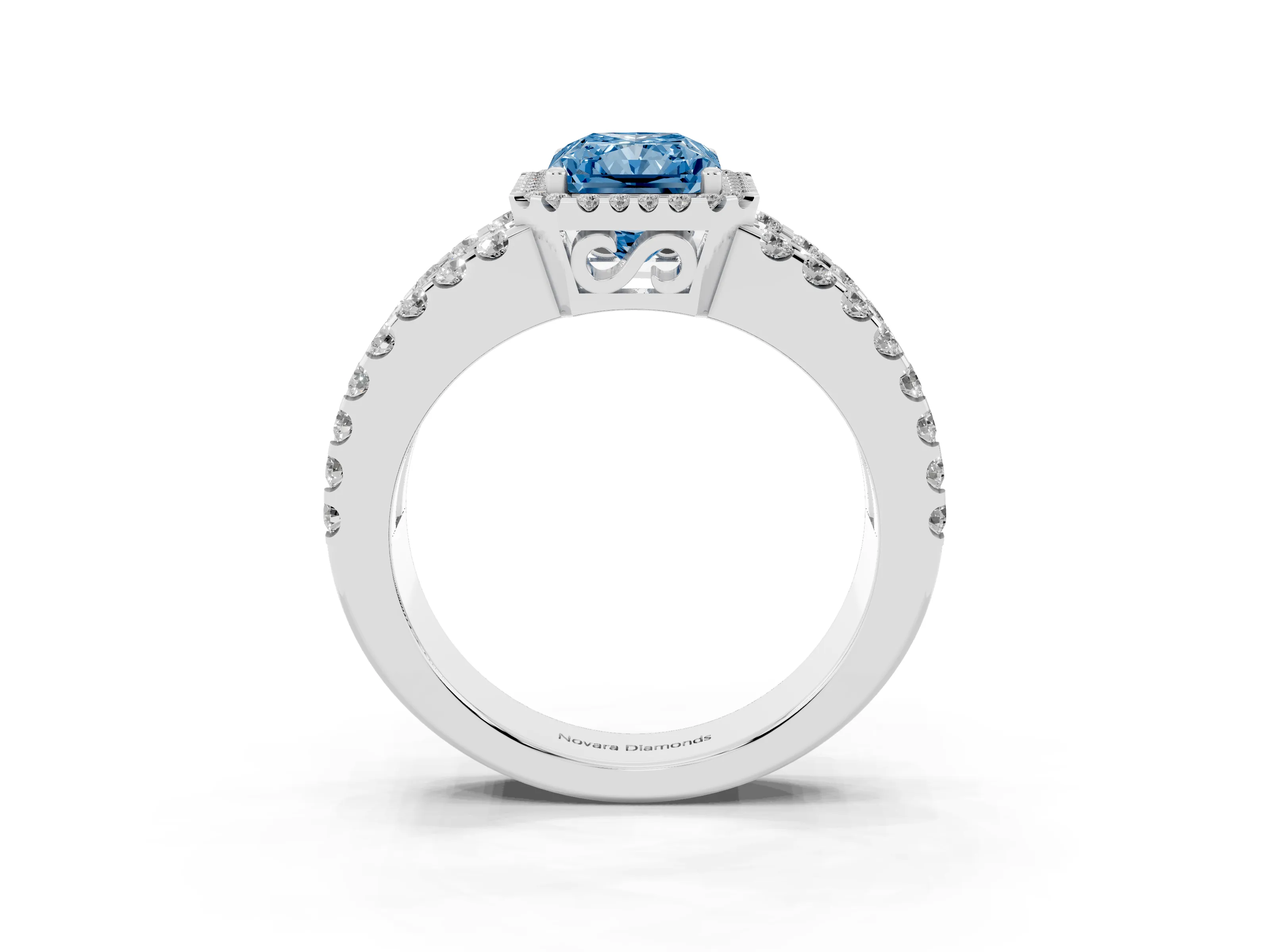 Fancy Blue Radiant Cut Diamond Halo Ring Set in Silver with Pavé Split Shank and Prong Setting