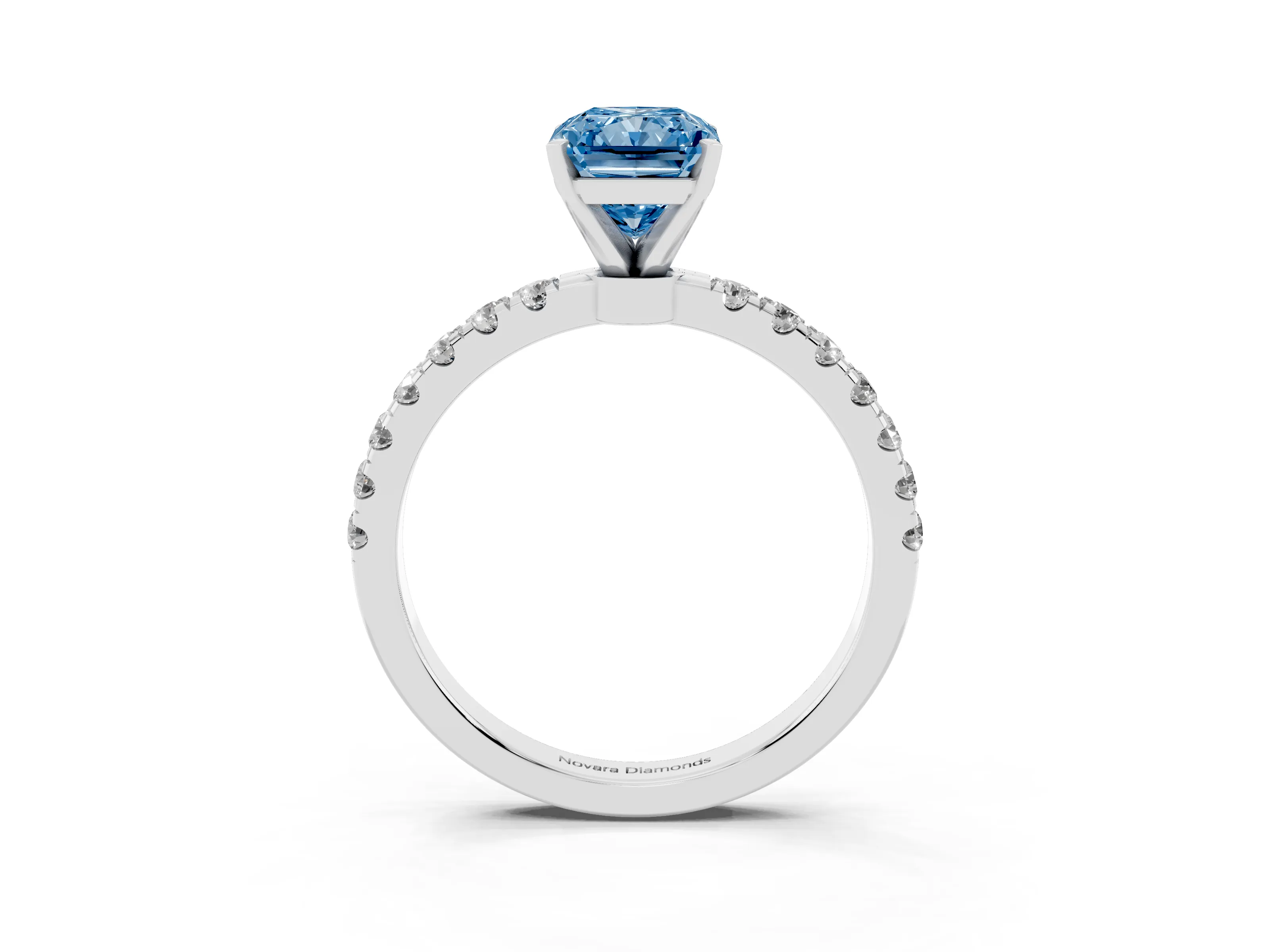Fancy Blue Radiant Cut Diamond Solitaire Ring Set in Silver with Pavé Accents and Prong Setting