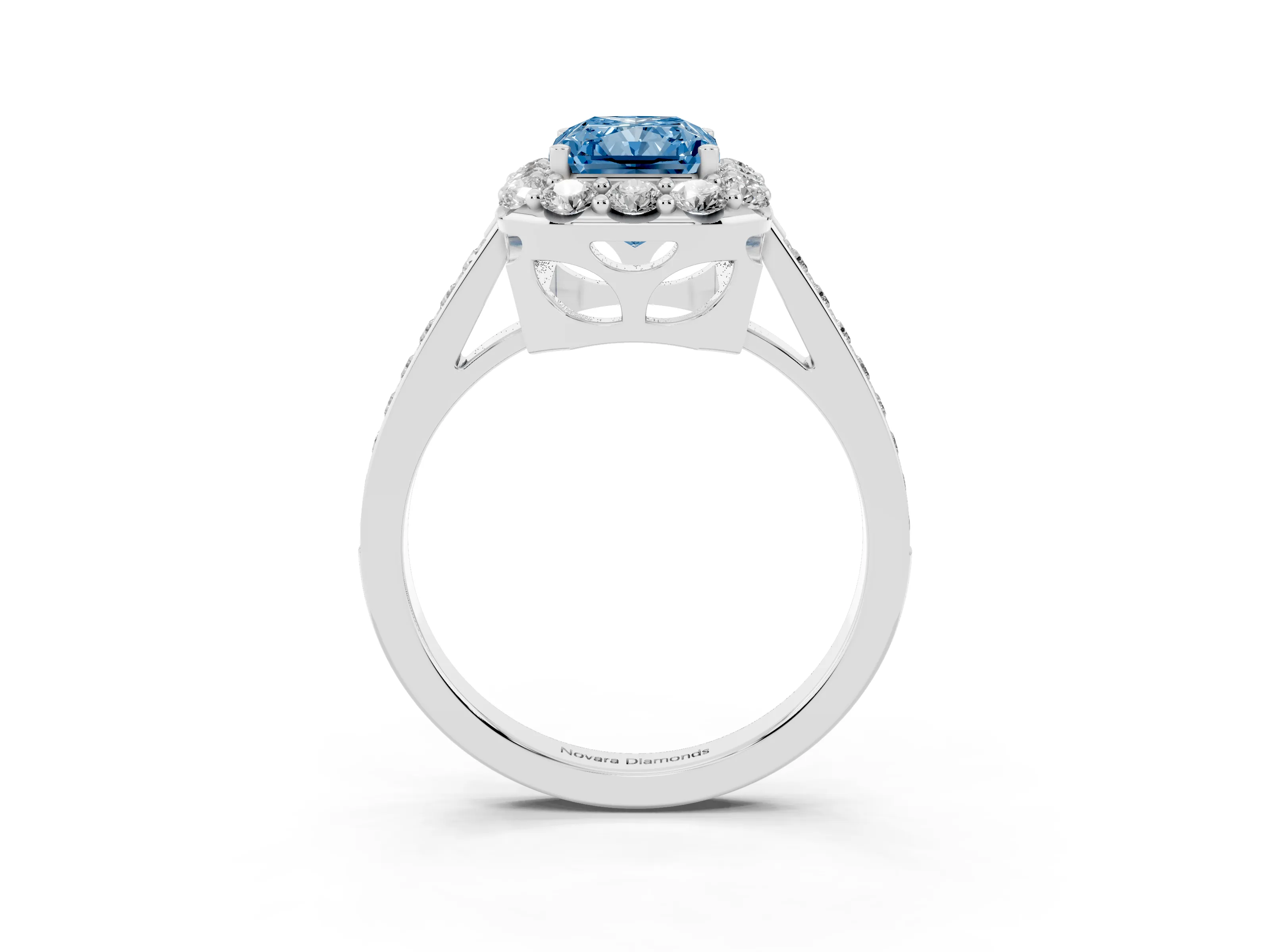 Fancy Blue Radiant Cut Diamond Floral Halo Ring Set in Platinum with Pavé Band and Prong Setting