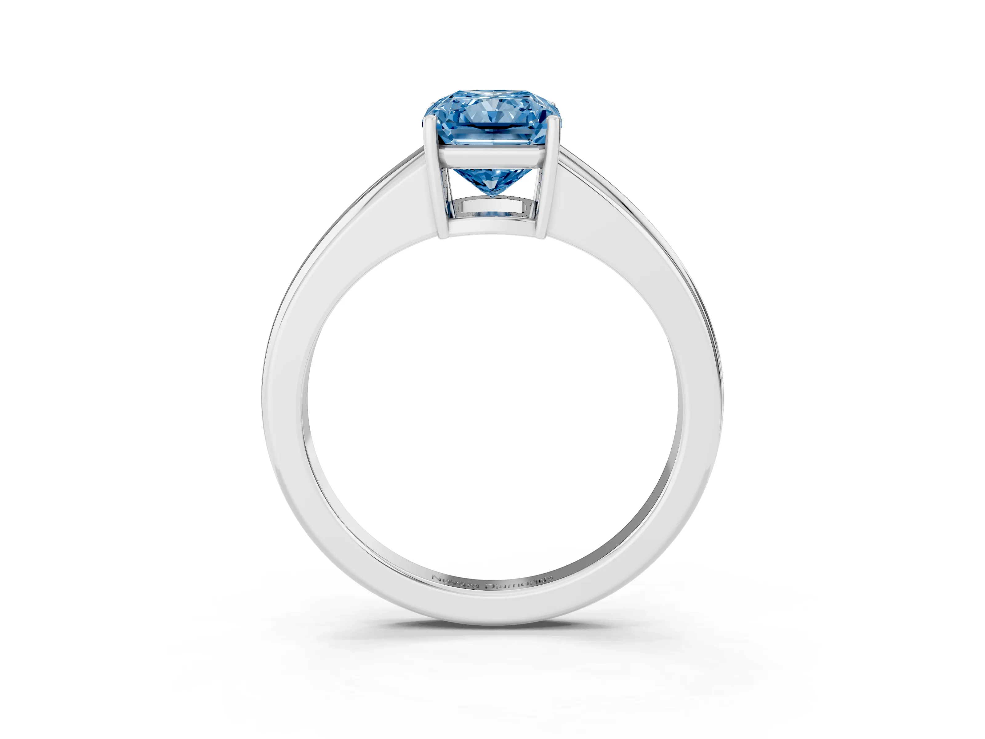 Fancy Blue Radiant Cut Diamond Solitaire Ring Set in White gold with Tapered Band and Prong Setting
