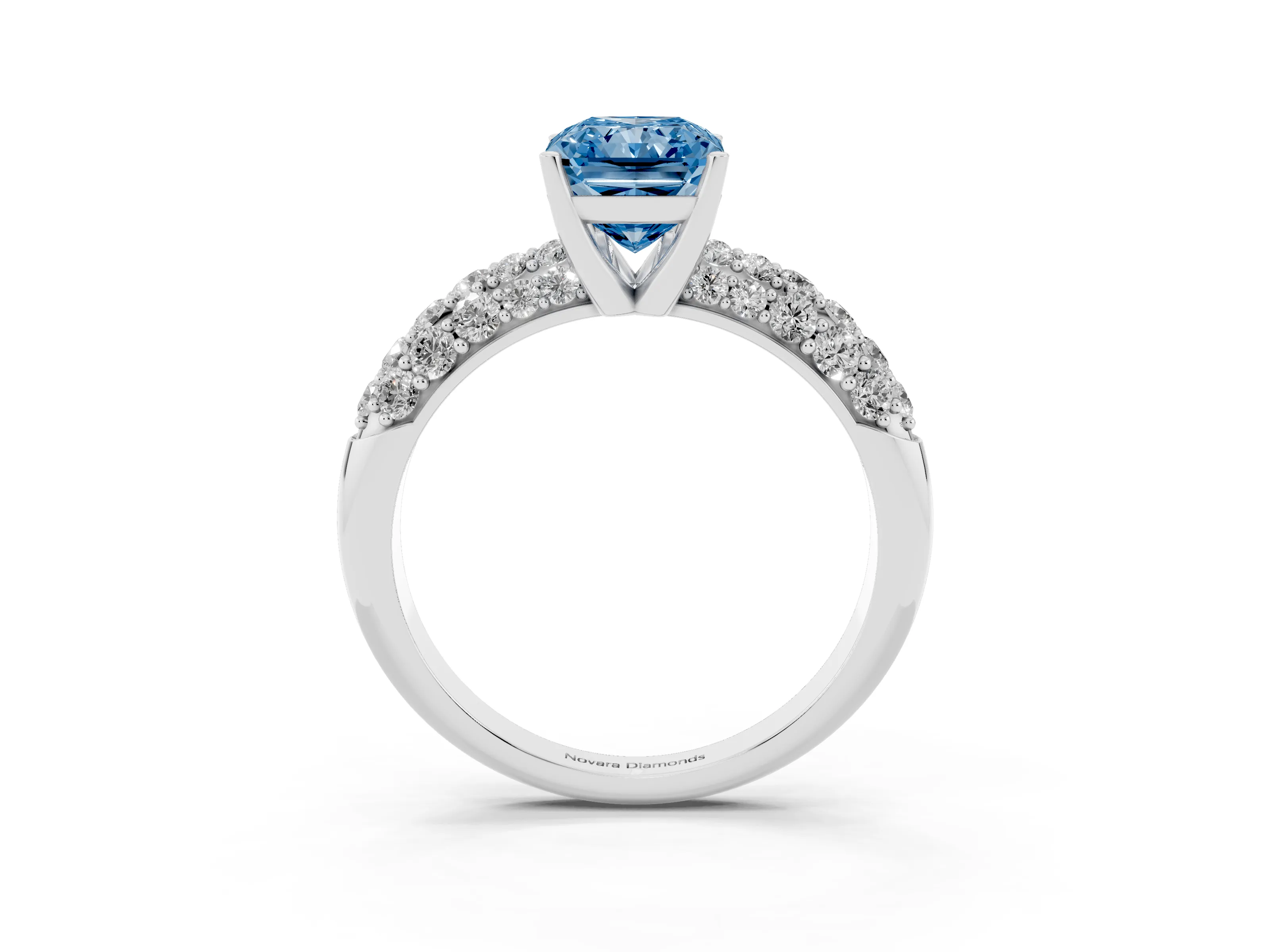 Fancy Blue Radiant Cut Diamond Pavé Band Solitaire Ring Set in Platinum with Close-Set Accent Stones and Prong Setting