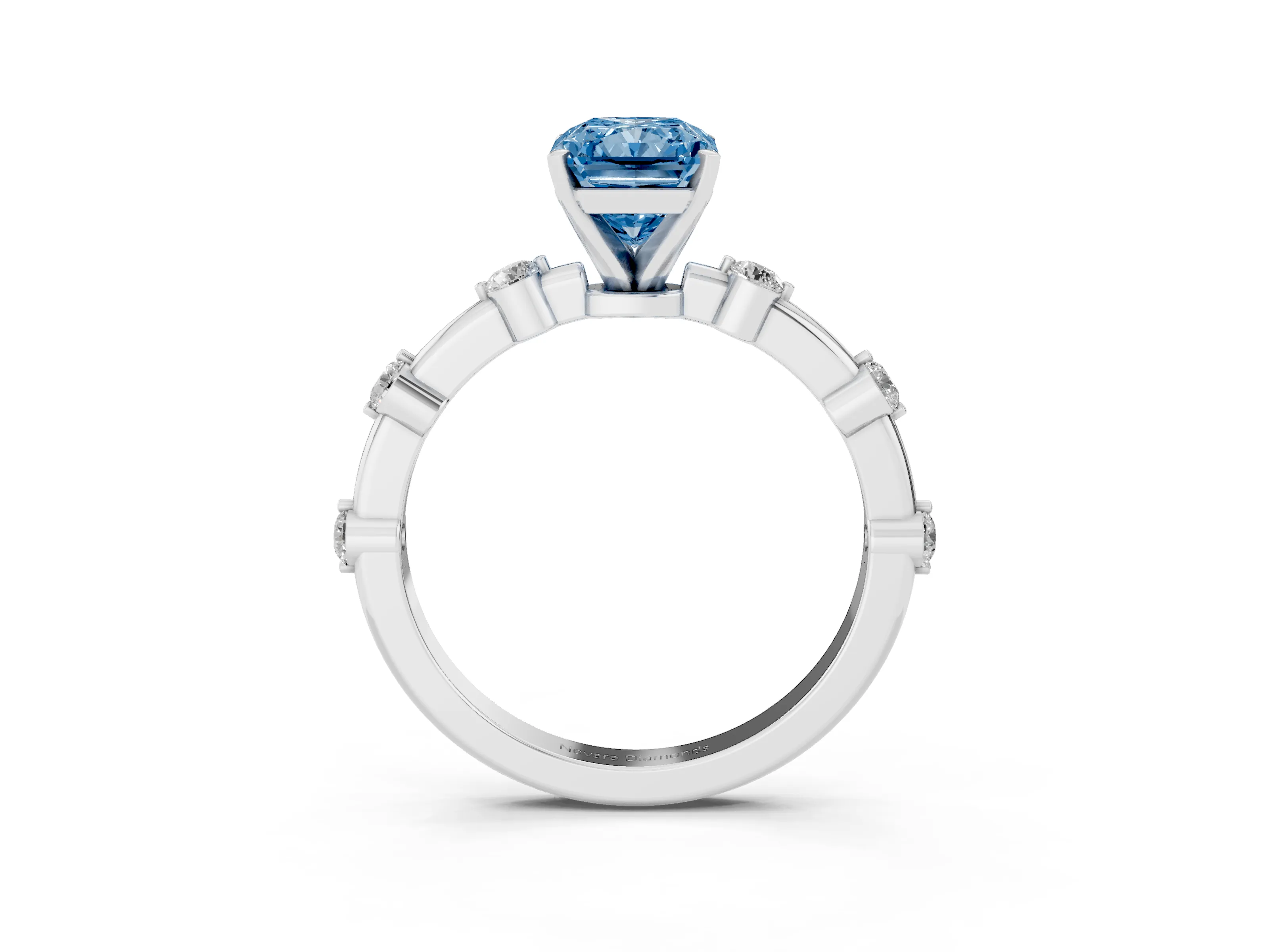 Fancy Blue Radiant Cut Diamond Solitaire Ring Set in Silver with Bezel Set Side Stones and Prong Setting