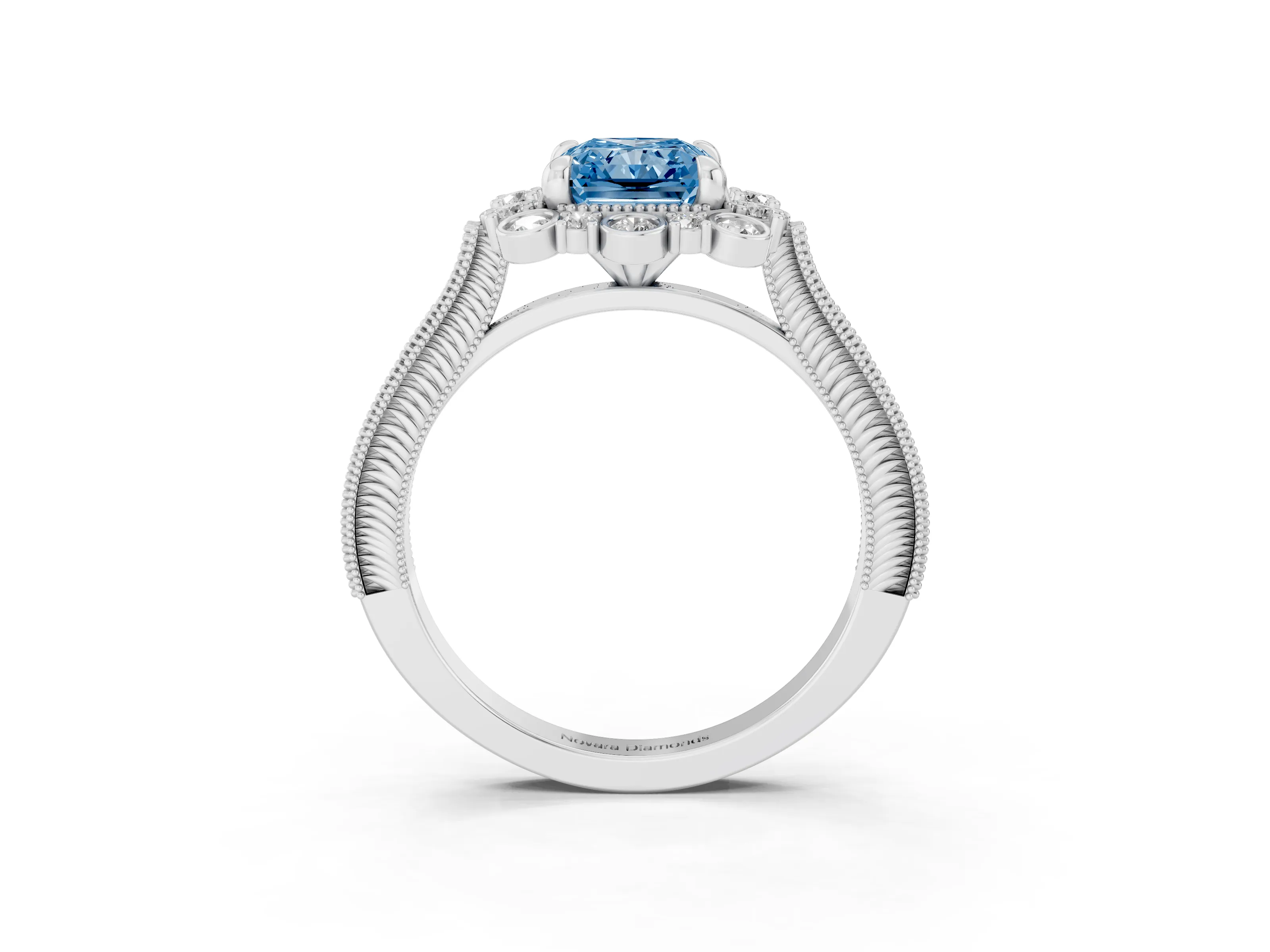 Fancy Blue Radiant Cut Diamond Halo Milgrain Pavé Ring Set in White gold with Prong Setting