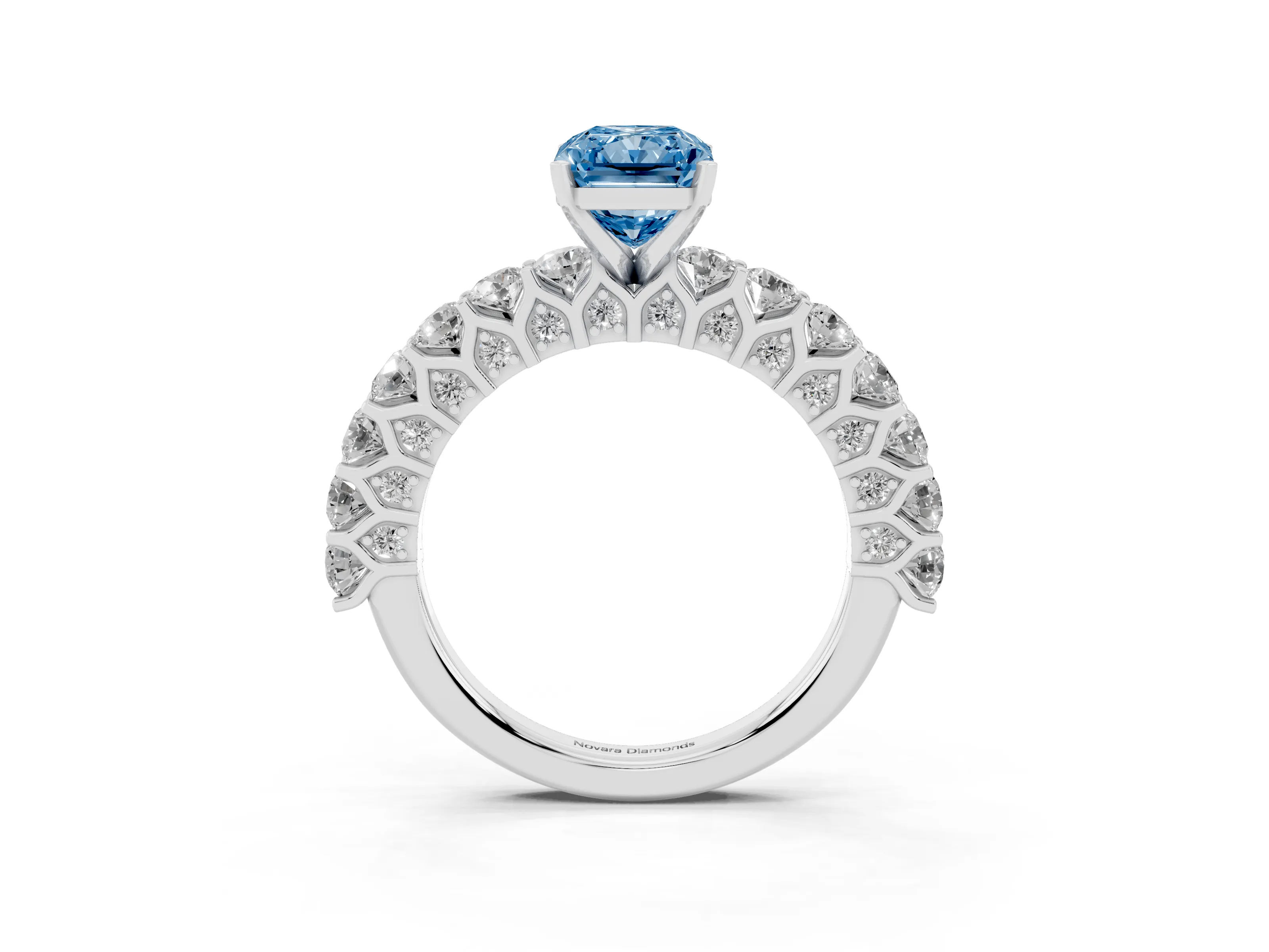 Fancy Blue Radiant Cut Diamond Solitaire Ring Set in Platinum with Shared Prong Pavé Band