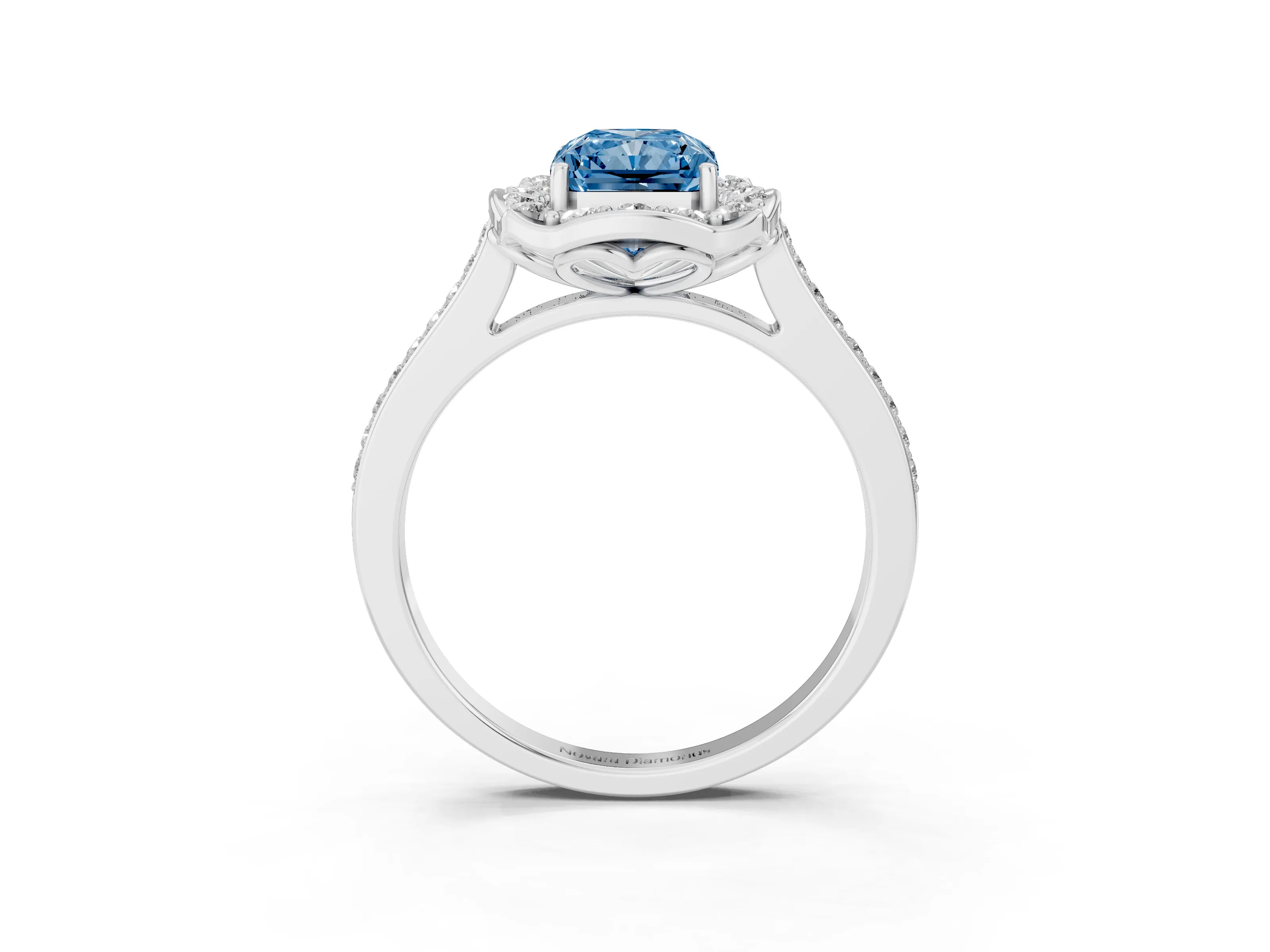 Fancy Blue Radiant Cut Diamond Halo Ring Set in Silver with Pavé-Lined Shoulders and Prong Setting