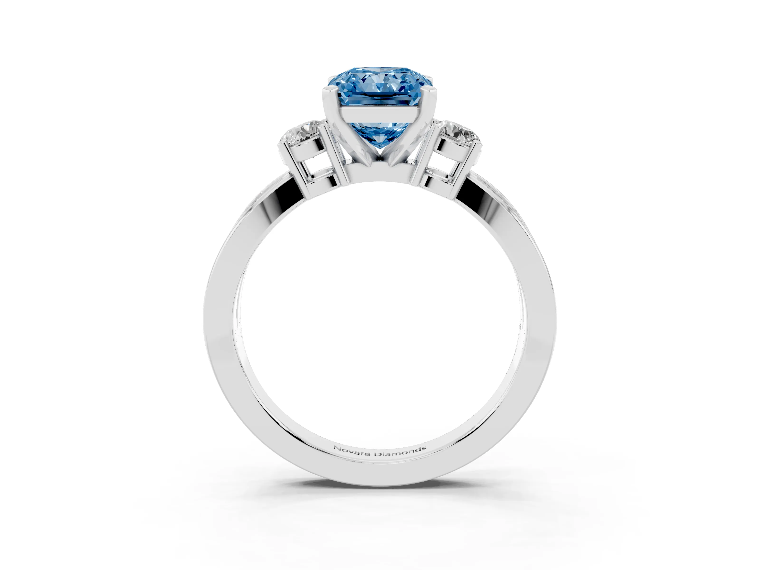 Fancy Blue Three-Stone Radiant Cut Diamond Twist Band Ring Set in Platinum with Pavé Accents and Prong Setting