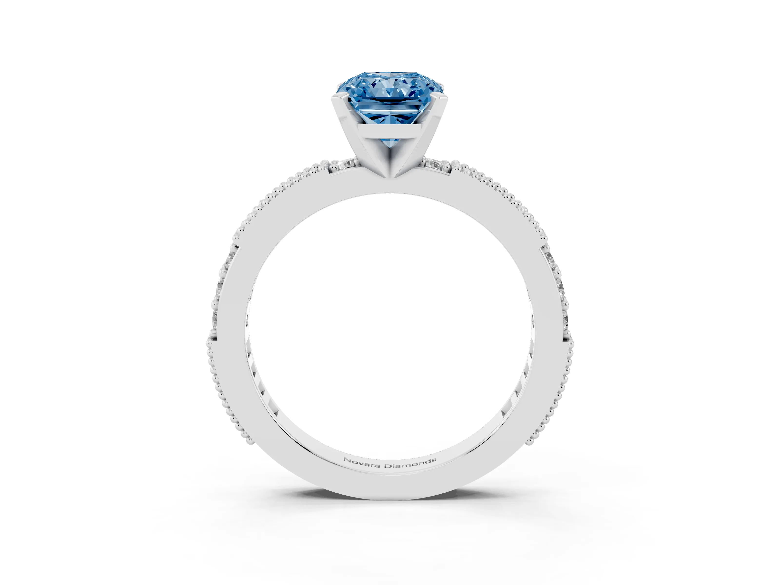 Fancy Blue Radiant Cut Diamond Solitaire Ring Set in White gold with Slim Pavé Band and Prong Setting