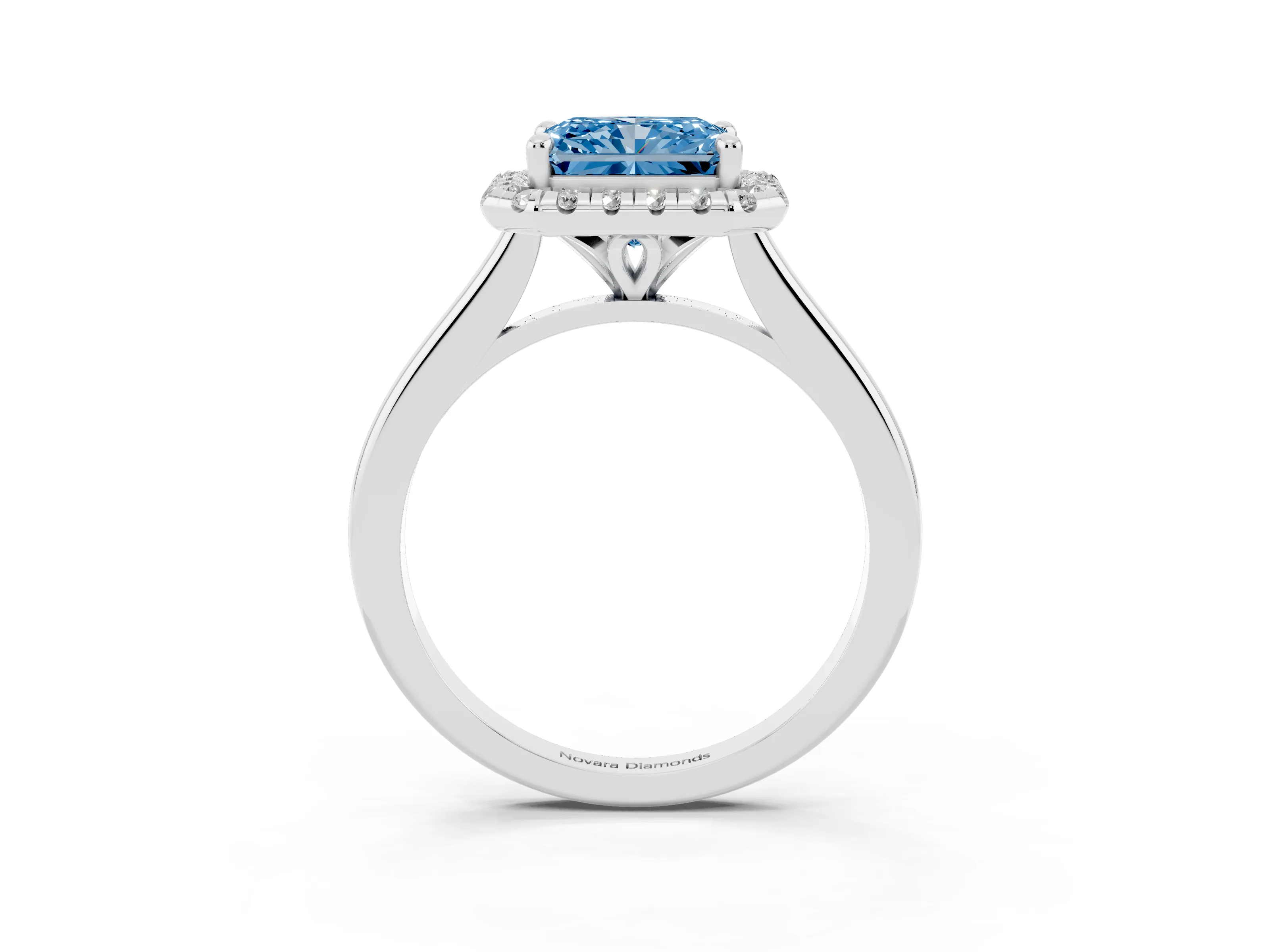 Fancy Blue Radiant Cut Diamond Halo Engagement Ring Set in Silver with Pavé Band and Rising Shoulders