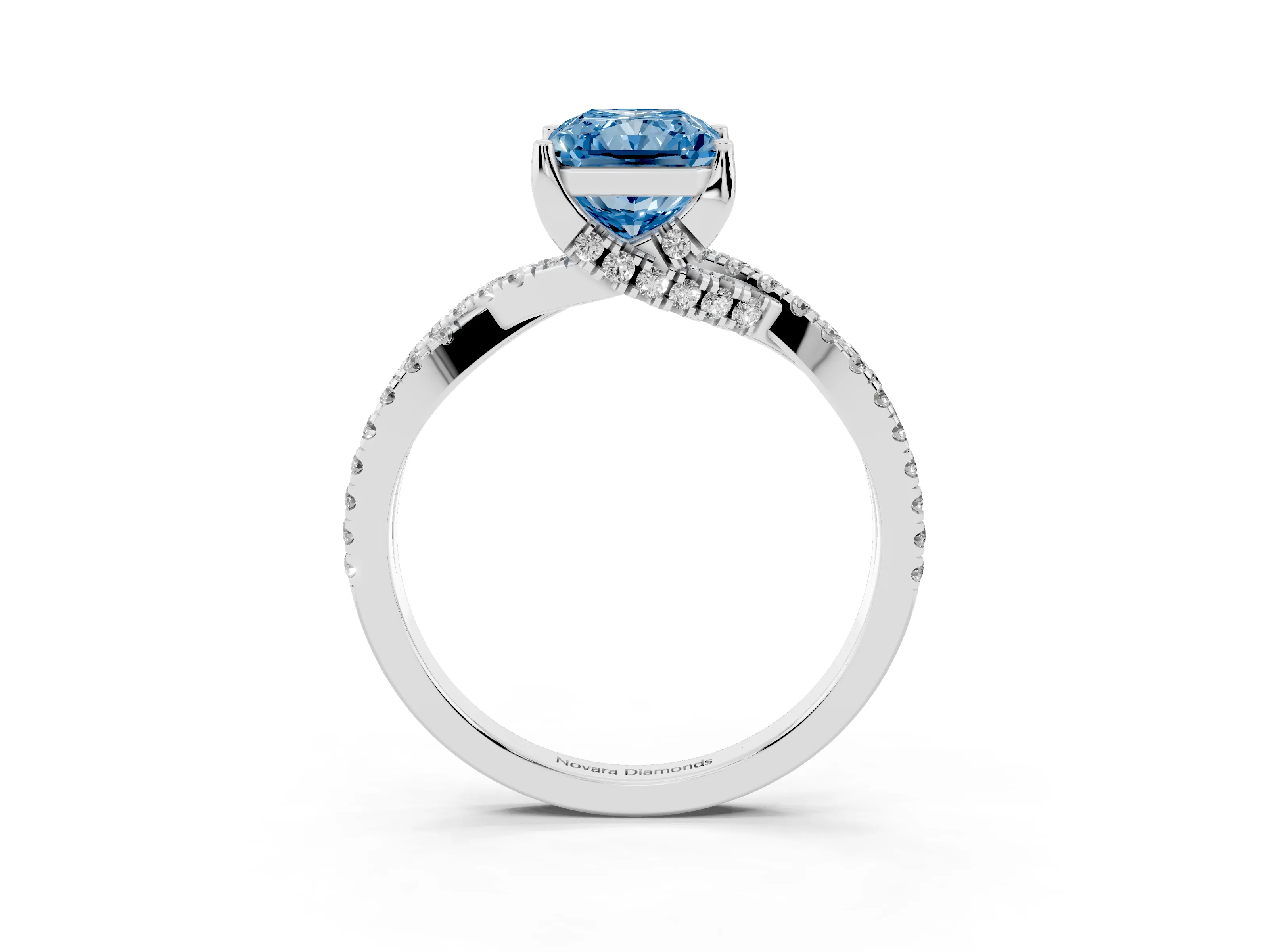 Fancy Blue Radiant Cut Diamond Twist Pavé Solitaire Engagement Ring Set in Silver with Prong Setting